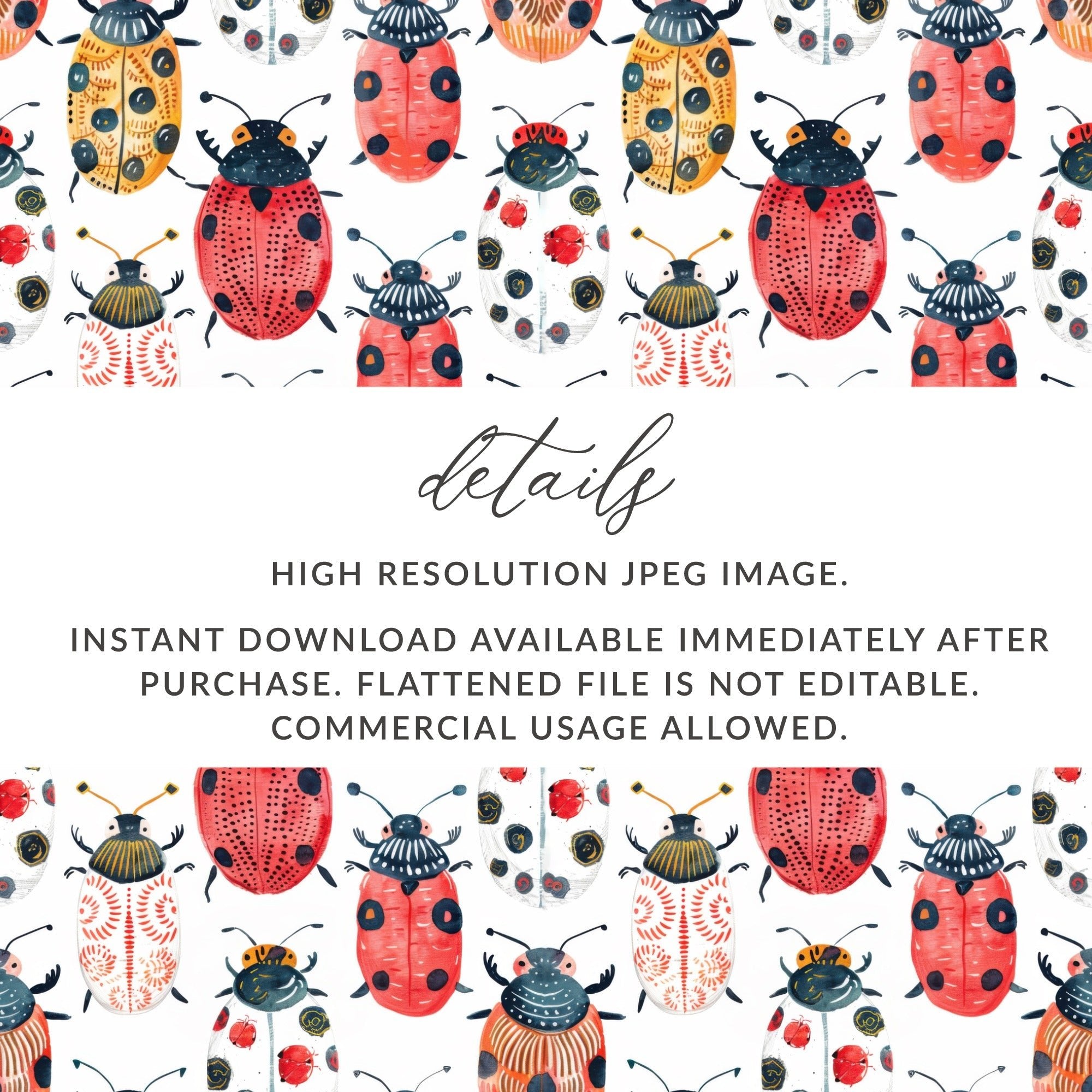 Cute Colorful Beetle and Ladybug Pattern Digital Download |Seamless Bugs Pattern JPEG - Moore and Mountain