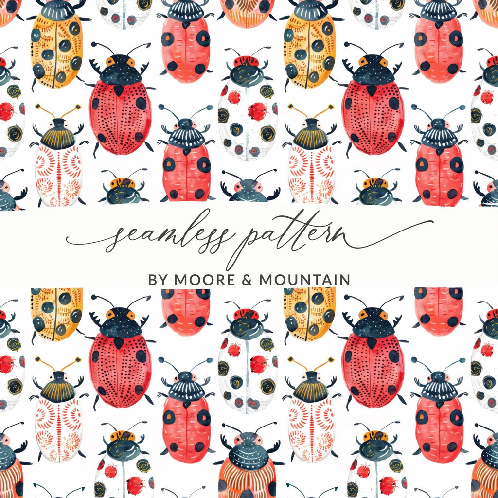Cute Colorful Beetle and Ladybug Pattern Digital Download |Seamless Bugs Pattern JPEG - Moore and Mountain