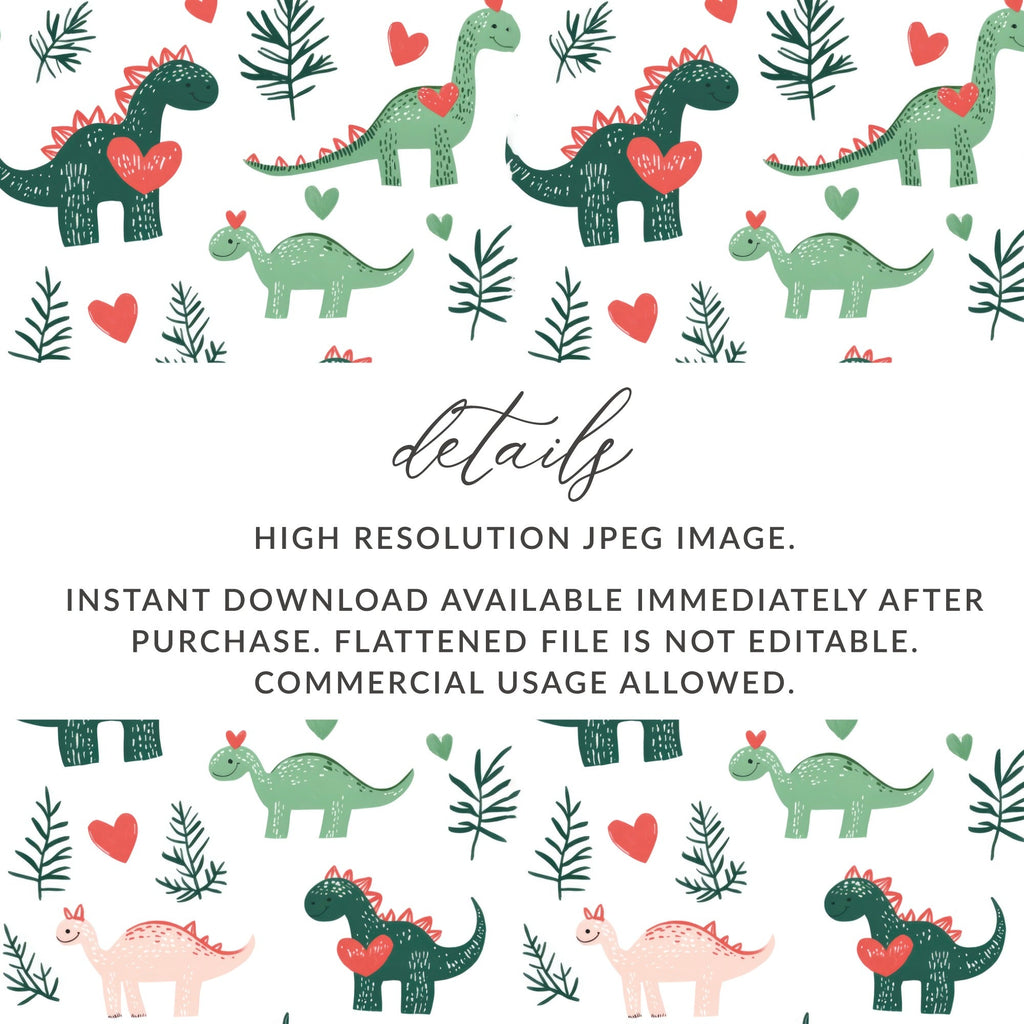 Cute Dinosaur Digital Paper, Seamless Pattern for Fabric, Nursery Decor, Dino Print, Love Heart Theme, Scalable Digital Files - Moore and Mountain