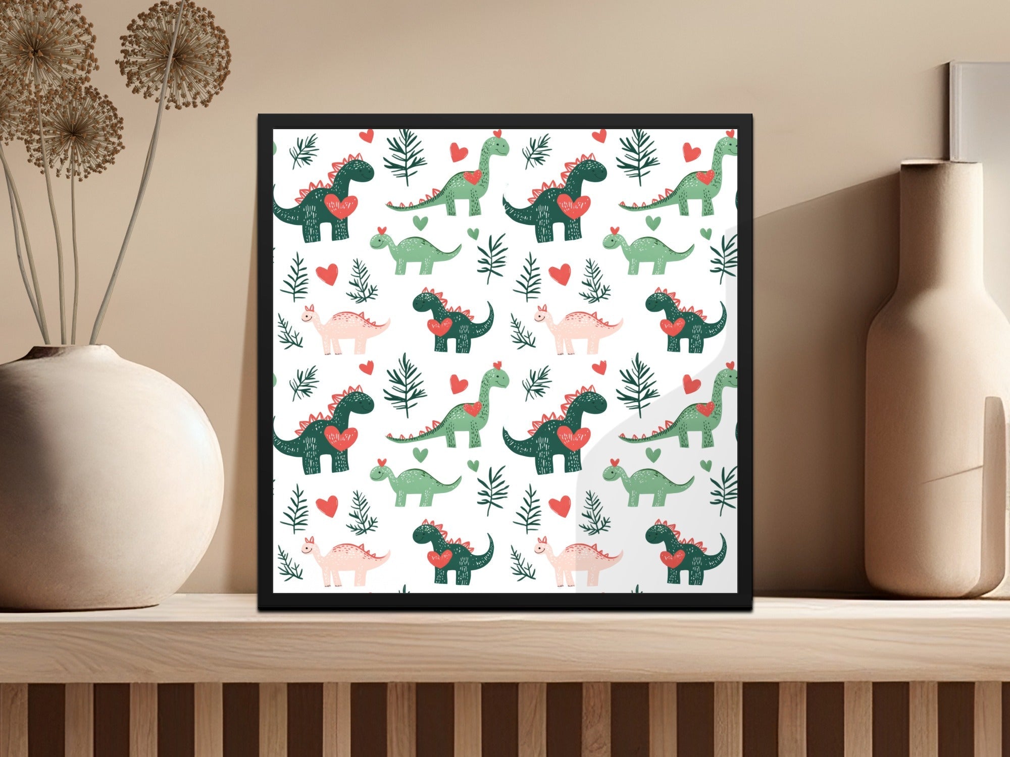 Cute Dinosaur Digital Paper, Seamless Pattern for Fabric, Nursery Decor, Dino Print, Love Heart Theme, Scalable Digital Files - Moore and Mountain
