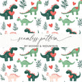 Cute Dinosaur Digital Paper, Seamless Pattern for Fabric, Nursery Decor, Dino Print, Love Heart Theme, Scalable Digital Files - Moore and Mountain
