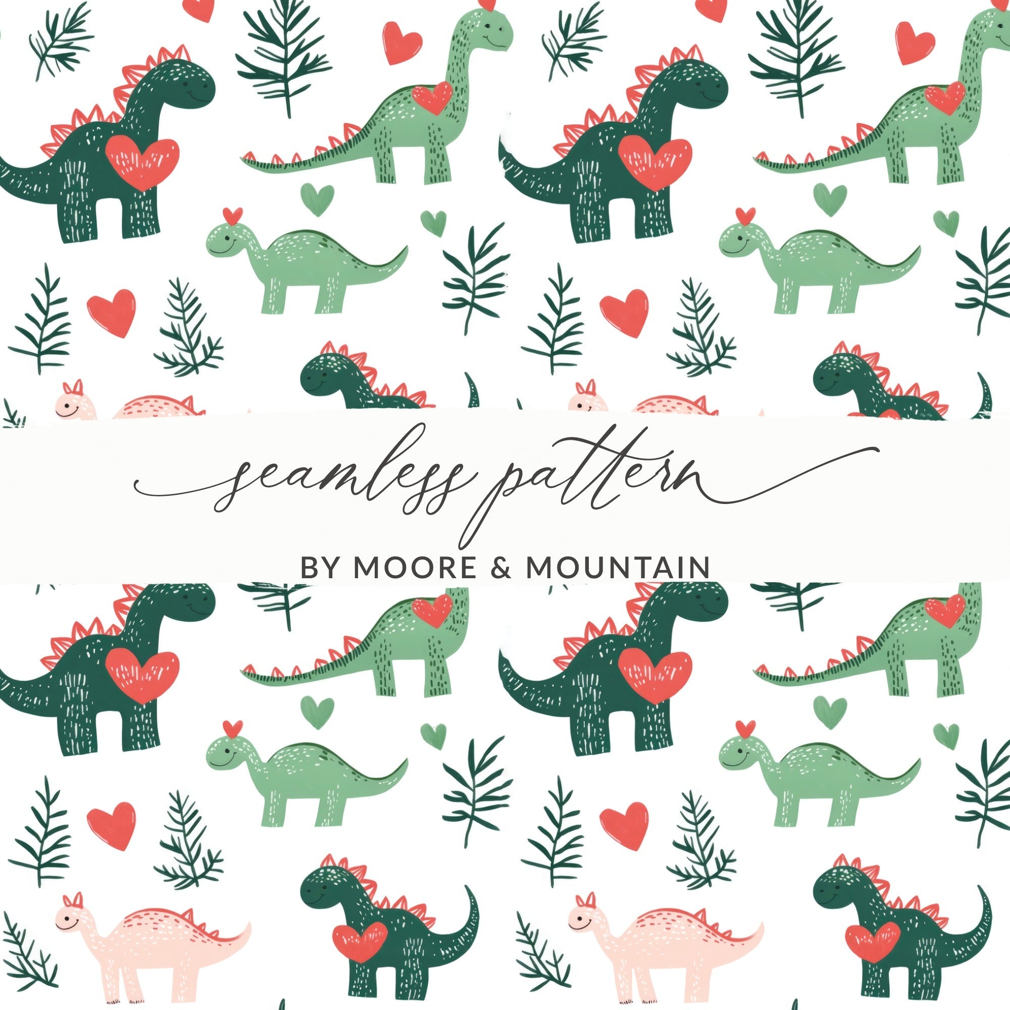 Cute Dinosaur Digital Paper, Seamless Pattern for Fabric, Nursery Decor, Dino Print, Love Heart Theme, Scalable Digital Files - Moore and Mountain