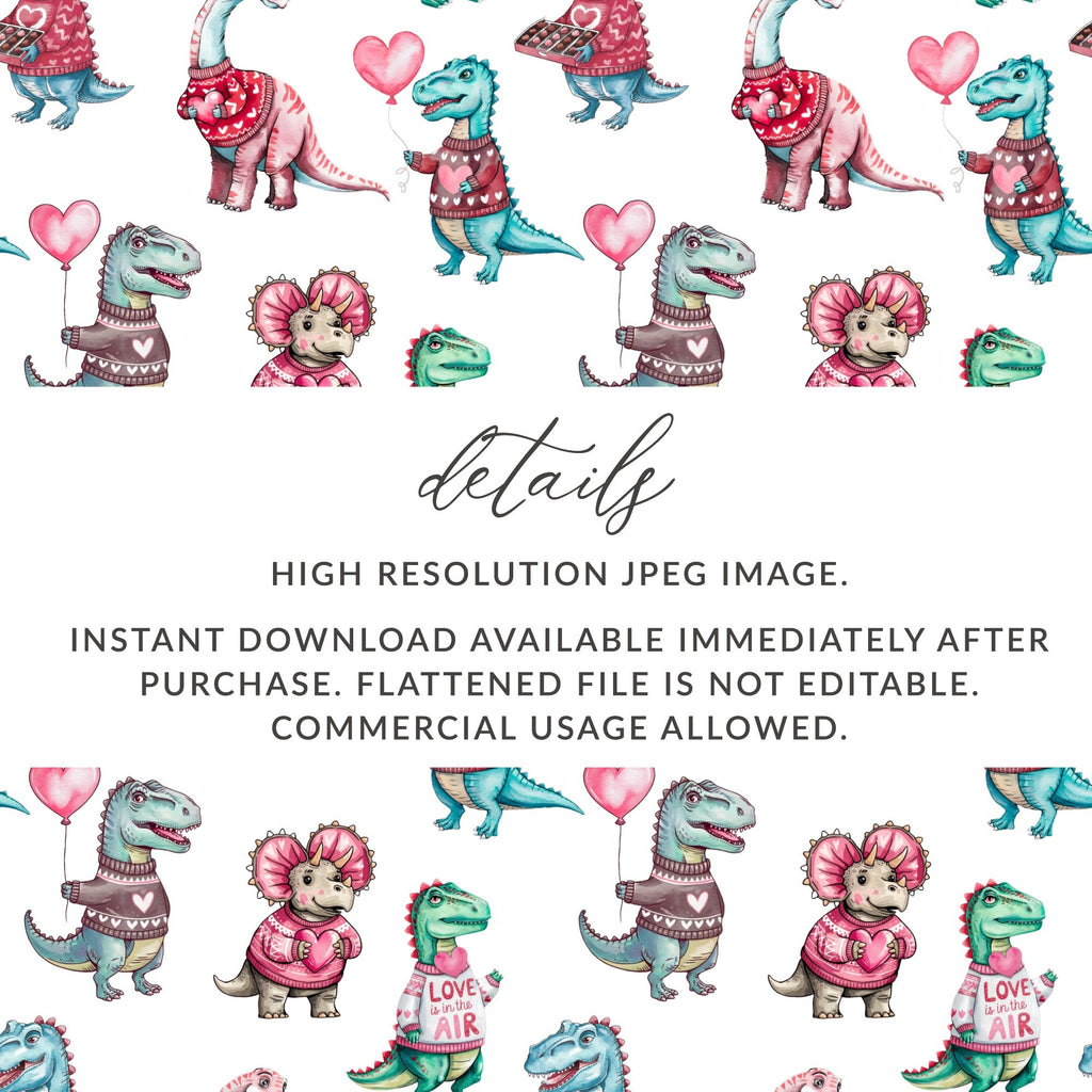 Cute Dinosaur Valentine's Day Digital Seamless Pattern, Kawaii Dino Hearts Fabric, Digital Paper Download, Valentines Day Digital, Two - Moore and Mountain