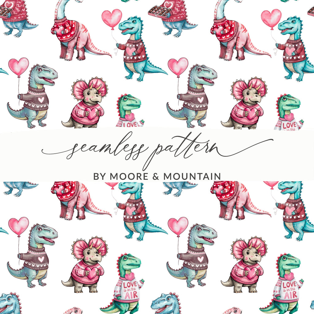Cute Dinosaur Valentine's Day Digital Seamless Pattern, Kawaii Dino Hearts Fabric, Digital Paper Download, Valentines Day Digital, Two - Moore and Mountain