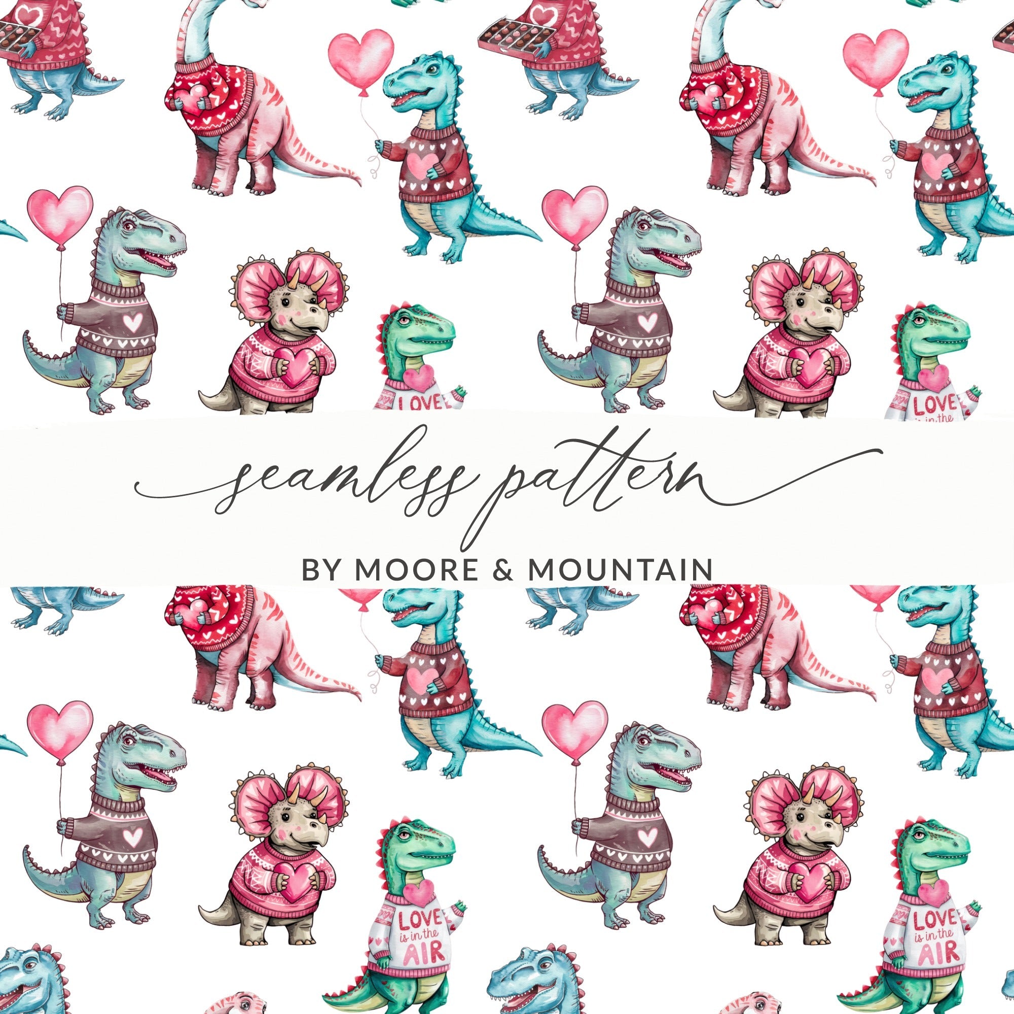 Cute Dinosaur Valentine's Day Digital Seamless Pattern, Kawaii Dino Hearts Fabric, Digital Paper Download, Valentines Day Digital, Two - Moore and Mountain