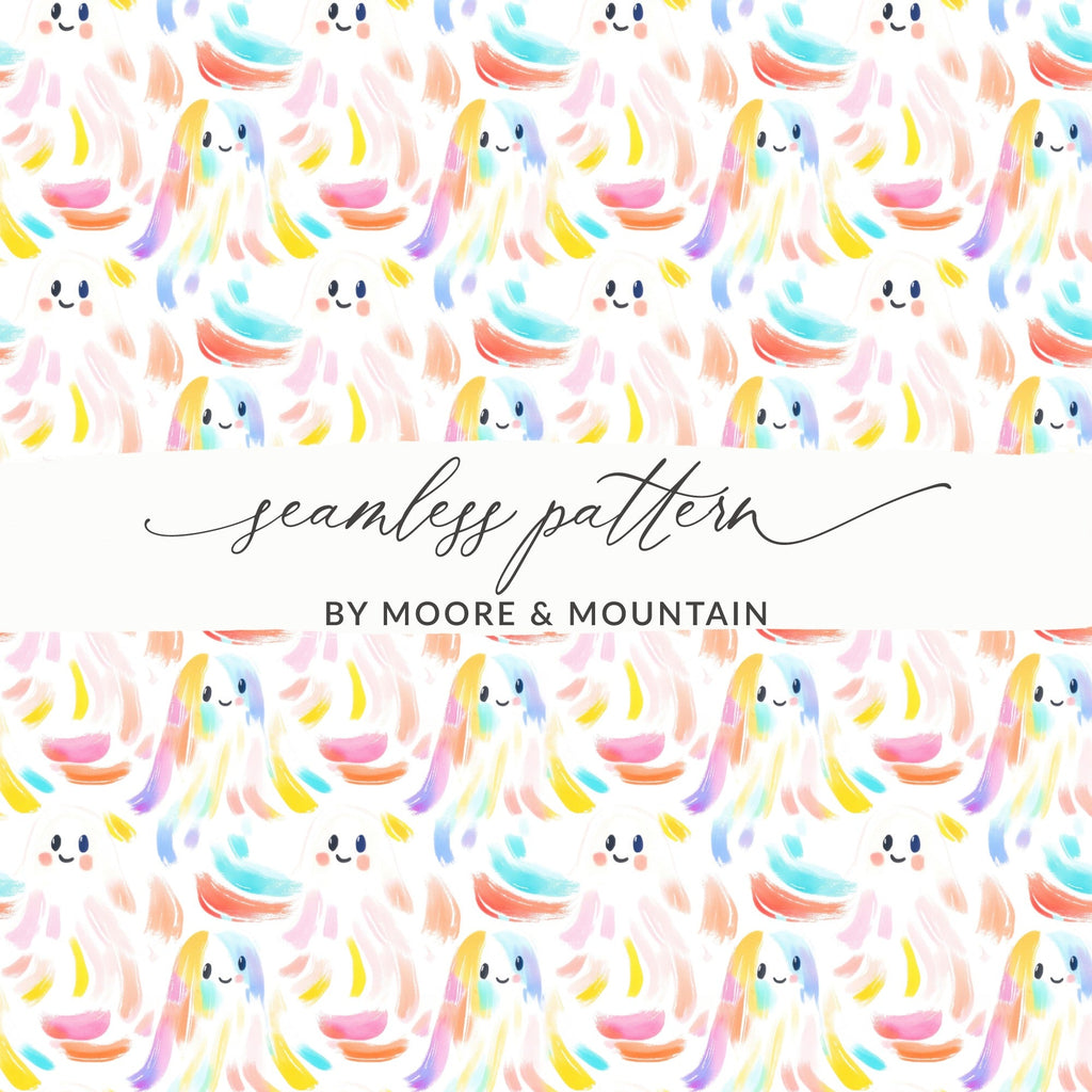 Cute Ghost Seamless Pattern, Pastel Halloween Digital Paper, Kawaii Ghost Fabric, Spooky Season Background, Digital Download for Sublimation - Moore and Mountain
