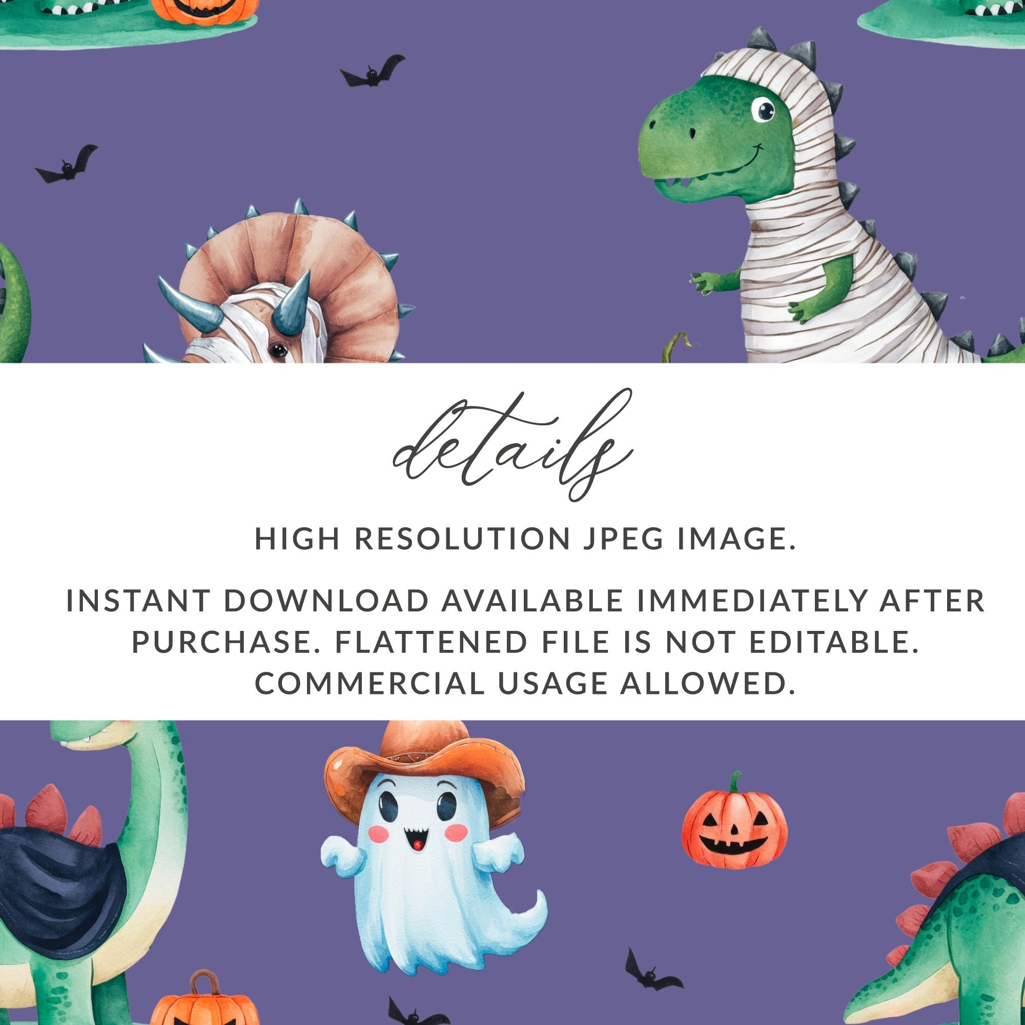 Cute Halloween Dinosaur Digital Paper, Seamless Pattern JPEG Files, Mummy Dinosaur, Ghost Cowboy, Pumpkins, Halloween Pattern - Moore and Mountain