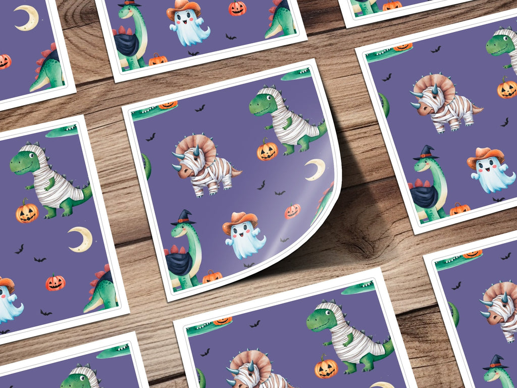 Cute Halloween Dinosaur Digital Paper, Seamless Pattern JPEG Files, Mummy Dinosaur, Ghost Cowboy, Pumpkins, Halloween Pattern - Moore and Mountain