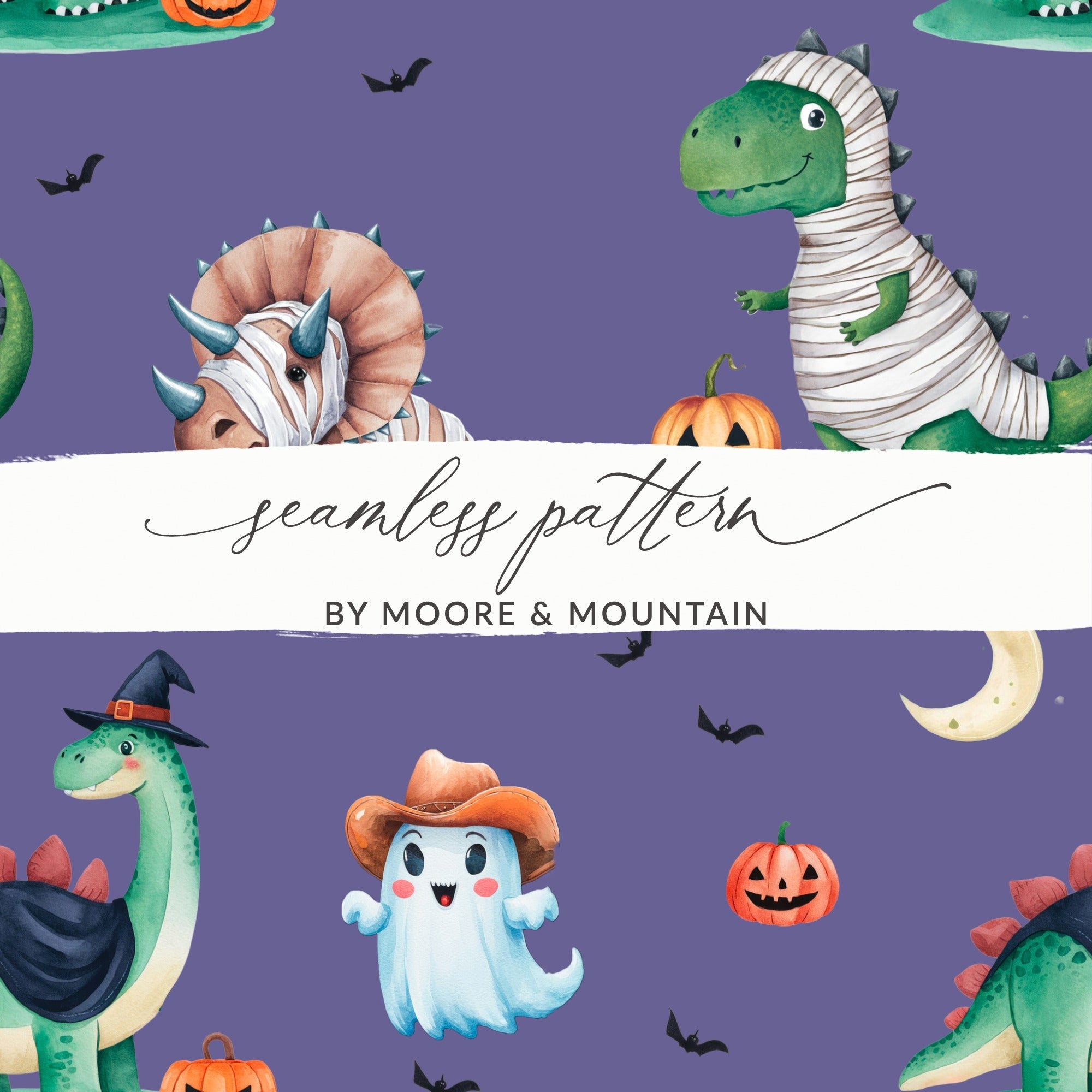 Cute Halloween Dinosaur Digital Paper, Seamless Pattern JPEG Files, Mummy Dinosaur, Ghost Cowboy, Pumpkins, Halloween Pattern - Moore and Mountain