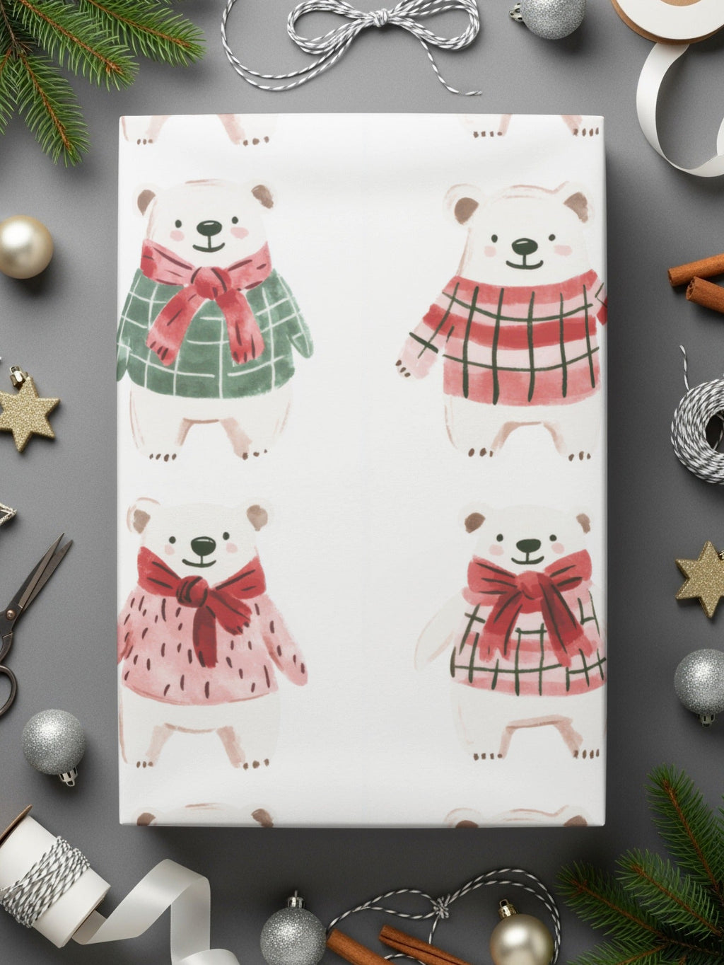 Cute Polar Bears with Bows and Scarves Seamless Pattern Digital - Moore and Mountain