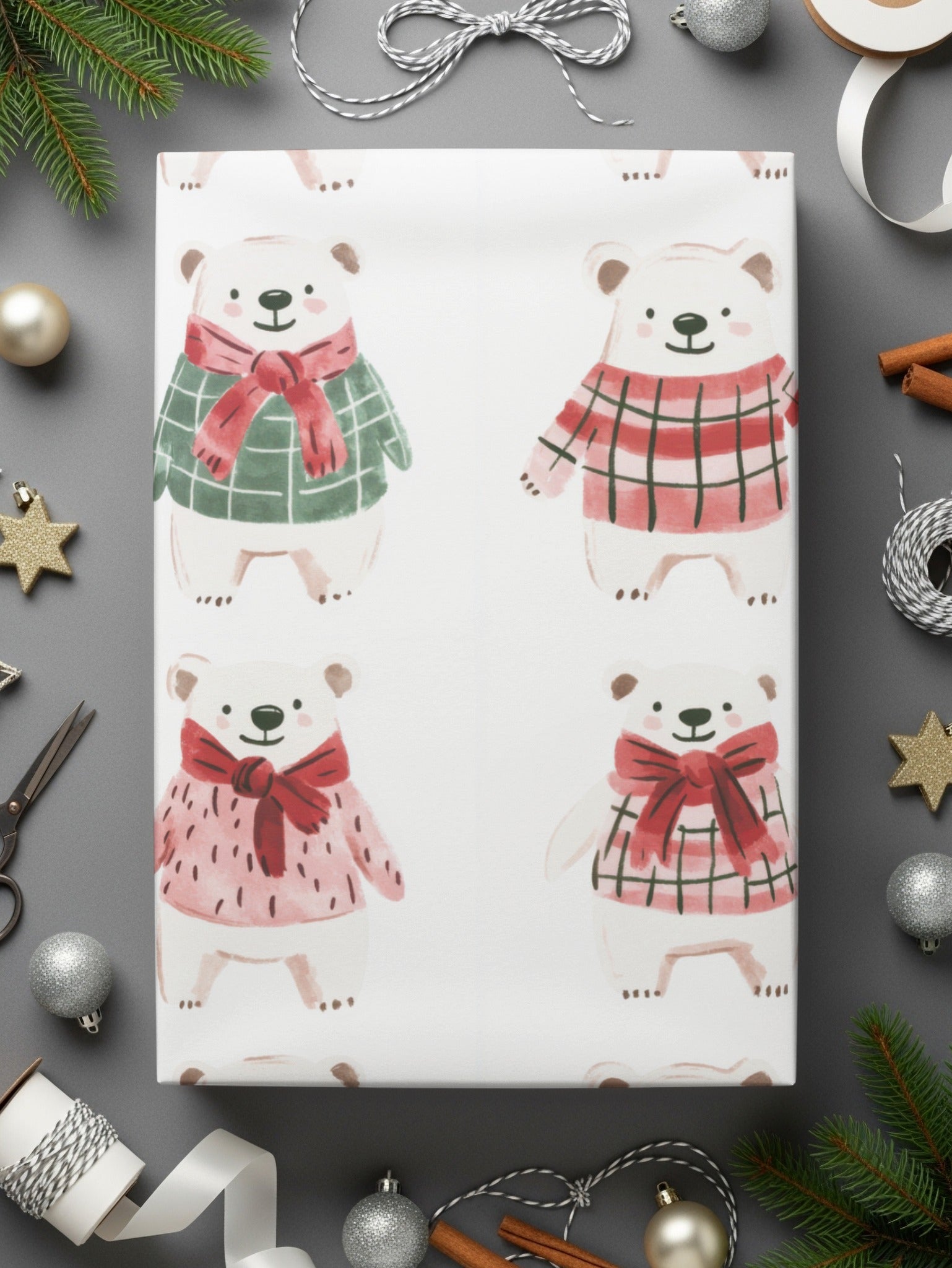 Cute Polar Bears with Bows and Scarves Seamless Pattern Digital - Moore and Mountain