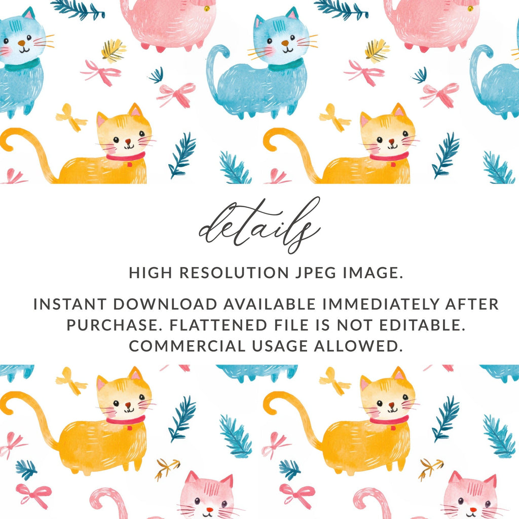 Cute Watercolor Cats Seamless Pattern with Bows and Leaves Pattern Design Digital - Moore and Mountain