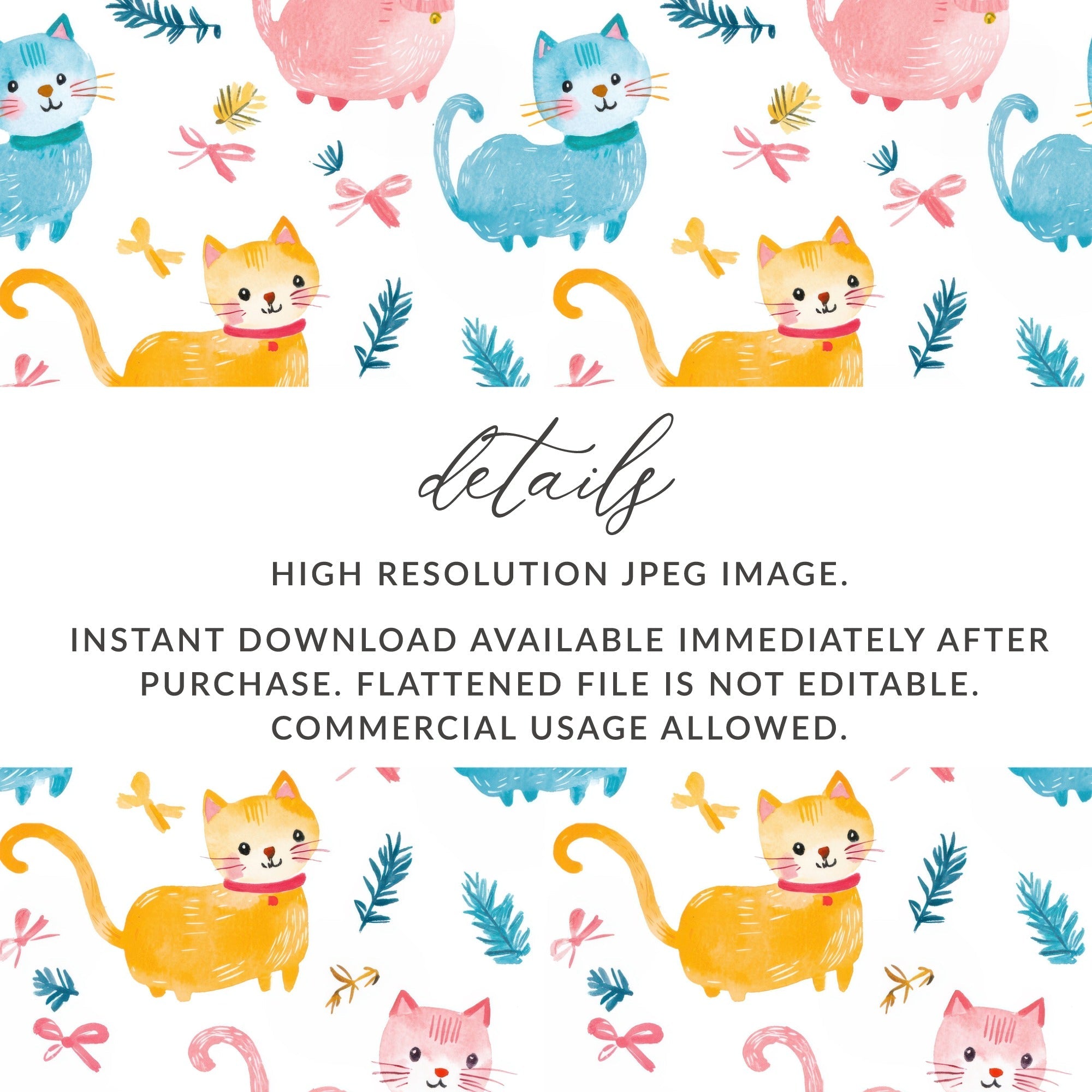 Cute Watercolor Cats Seamless Pattern with Bows and Leaves Pattern Design Digital - Moore and Mountain