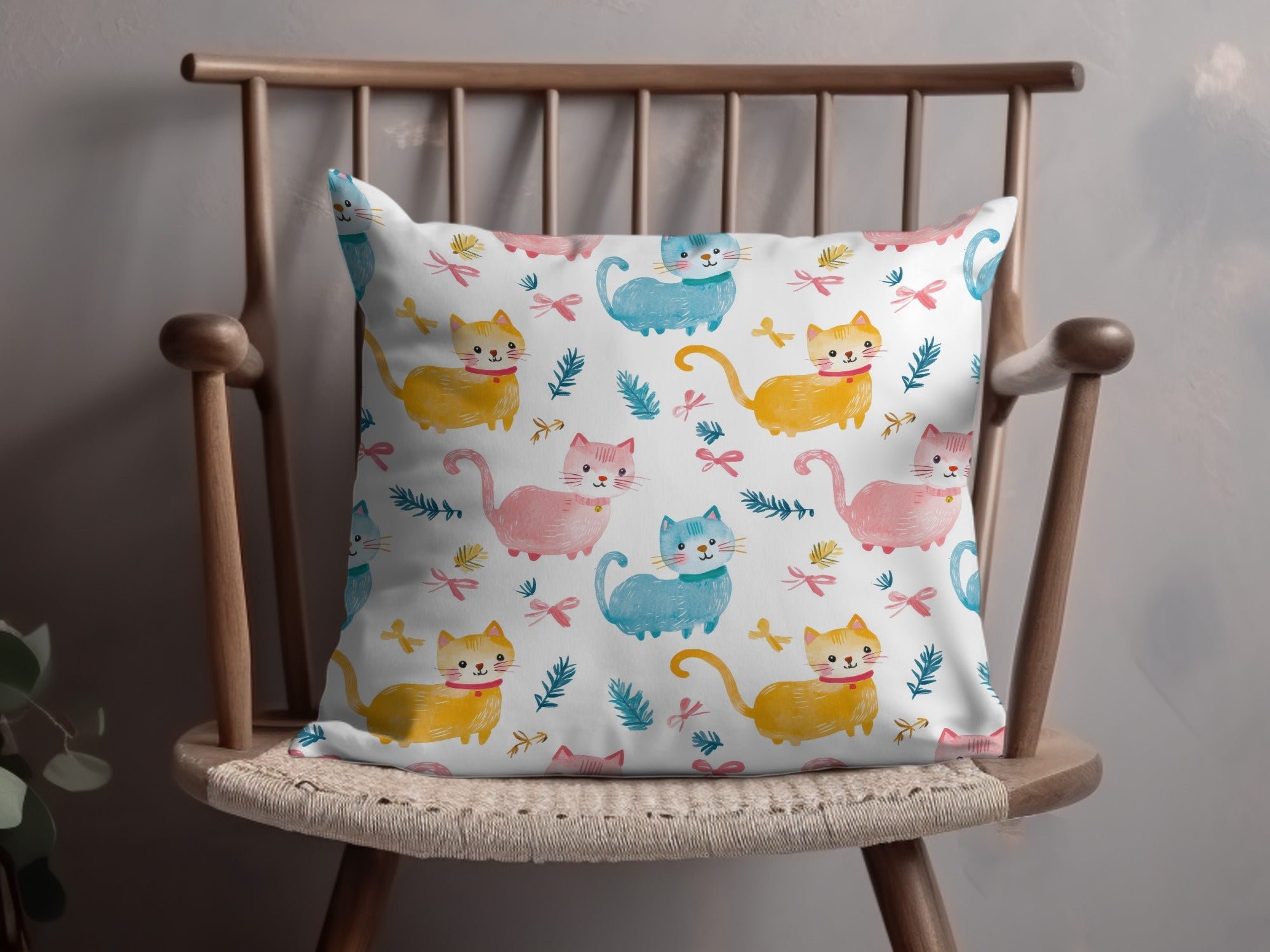 Cute Watercolor Cats Seamless Pattern with Bows and Leaves Pattern Design Digital - Moore and Mountain