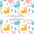 Cute Watercolor Cats Seamless Pattern with Bows and Leaves Pattern Design Digital - Moore and Mountain