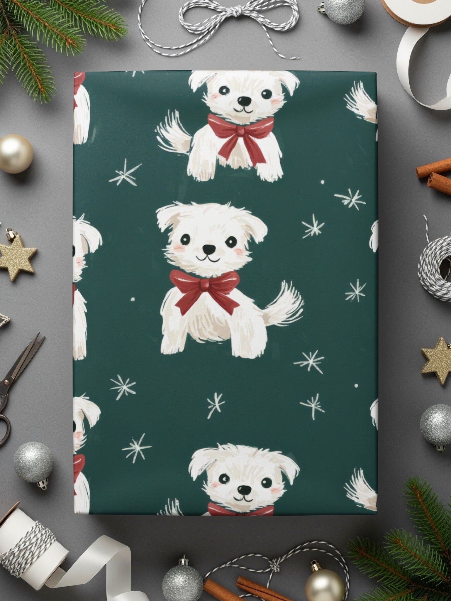 Cute White Dogs with Bows Patterned Festive Background Digital - Moore and Mountain