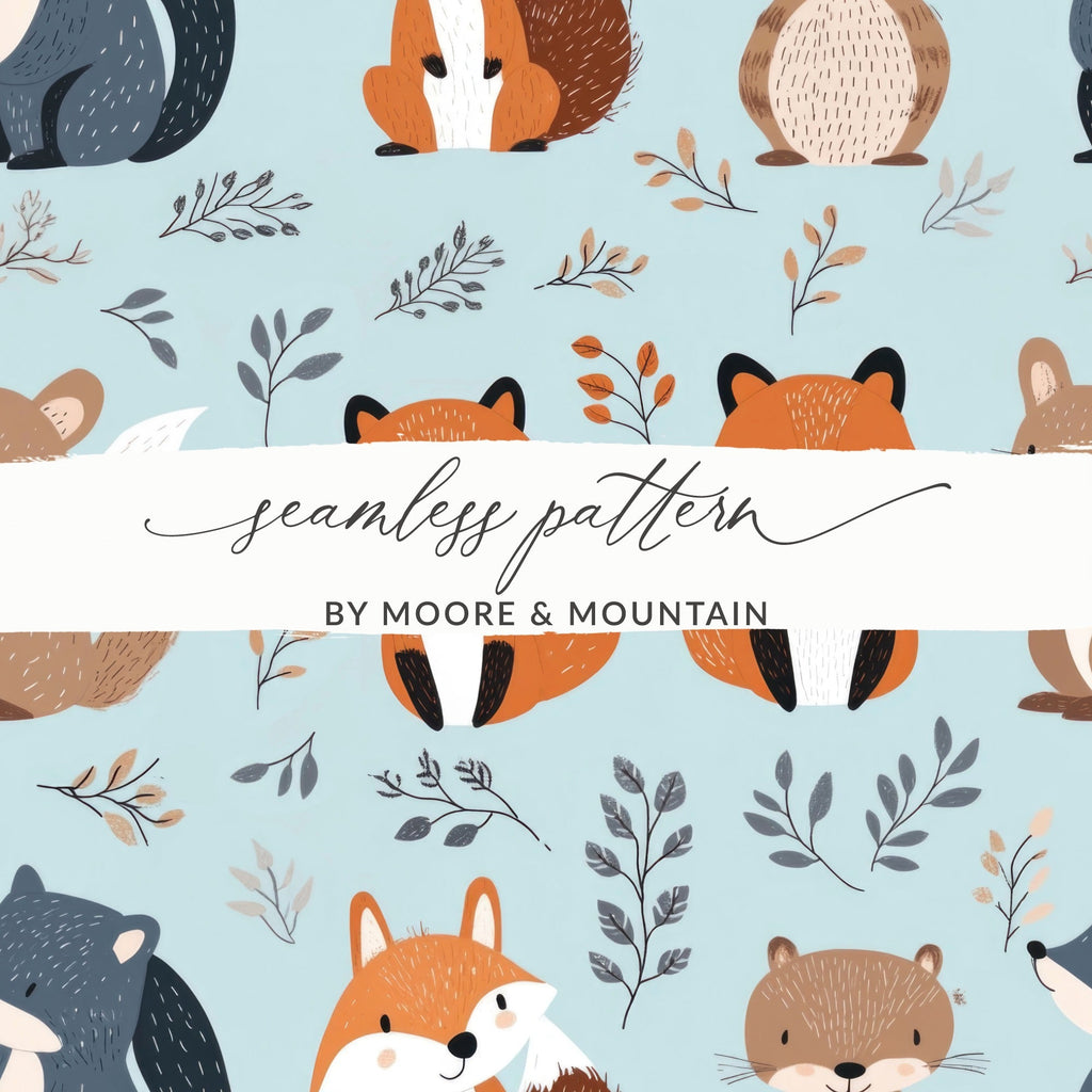 Cute Woodland Animals Digital Paper, Seamless Pattern Designs, Fox Squirrel Bear, Nursery Decor, 12x12 JPEG Files for Fabric Print - Moore and Mountain