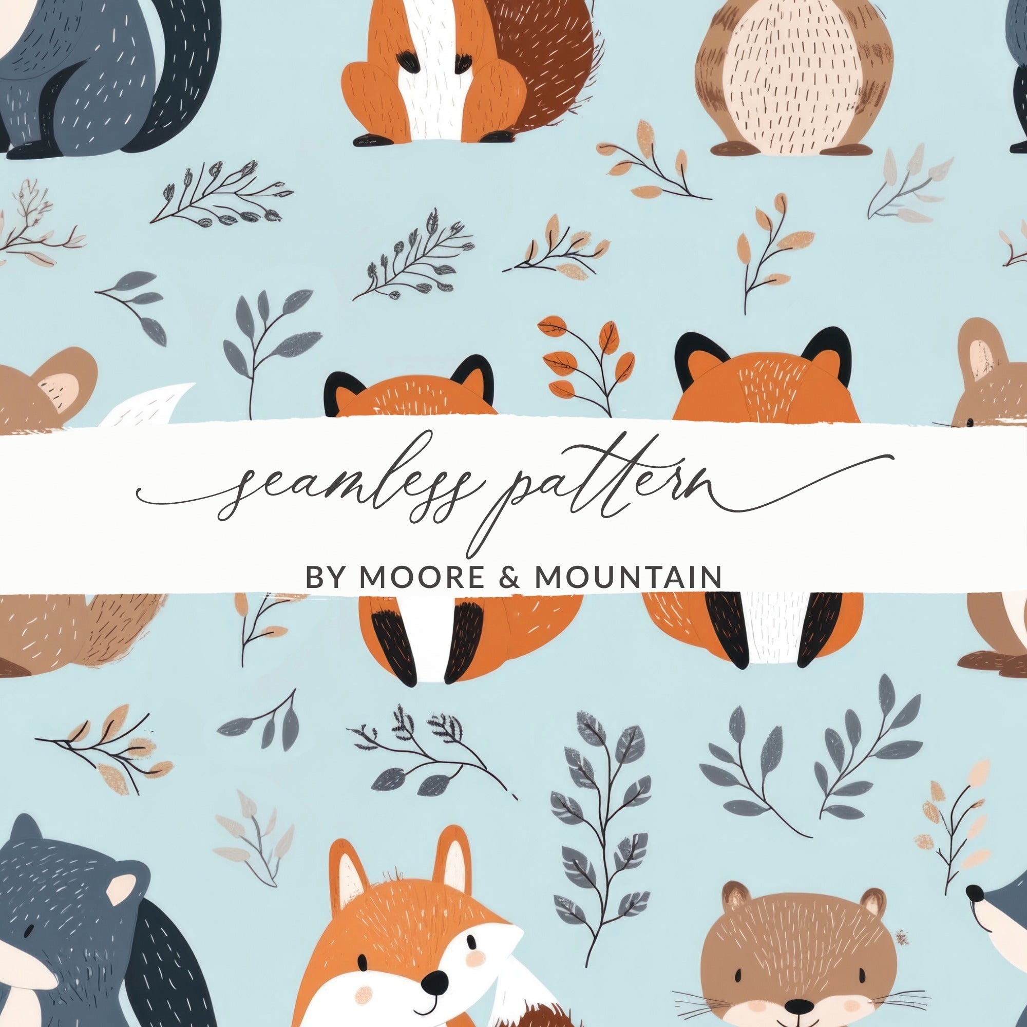 Cute Woodland Animals Digital Paper, Seamless Pattern Designs, Fox Squirrel Bear, Nursery Decor, 12x12 JPEG Files for Fabric Print - Moore and Mountain