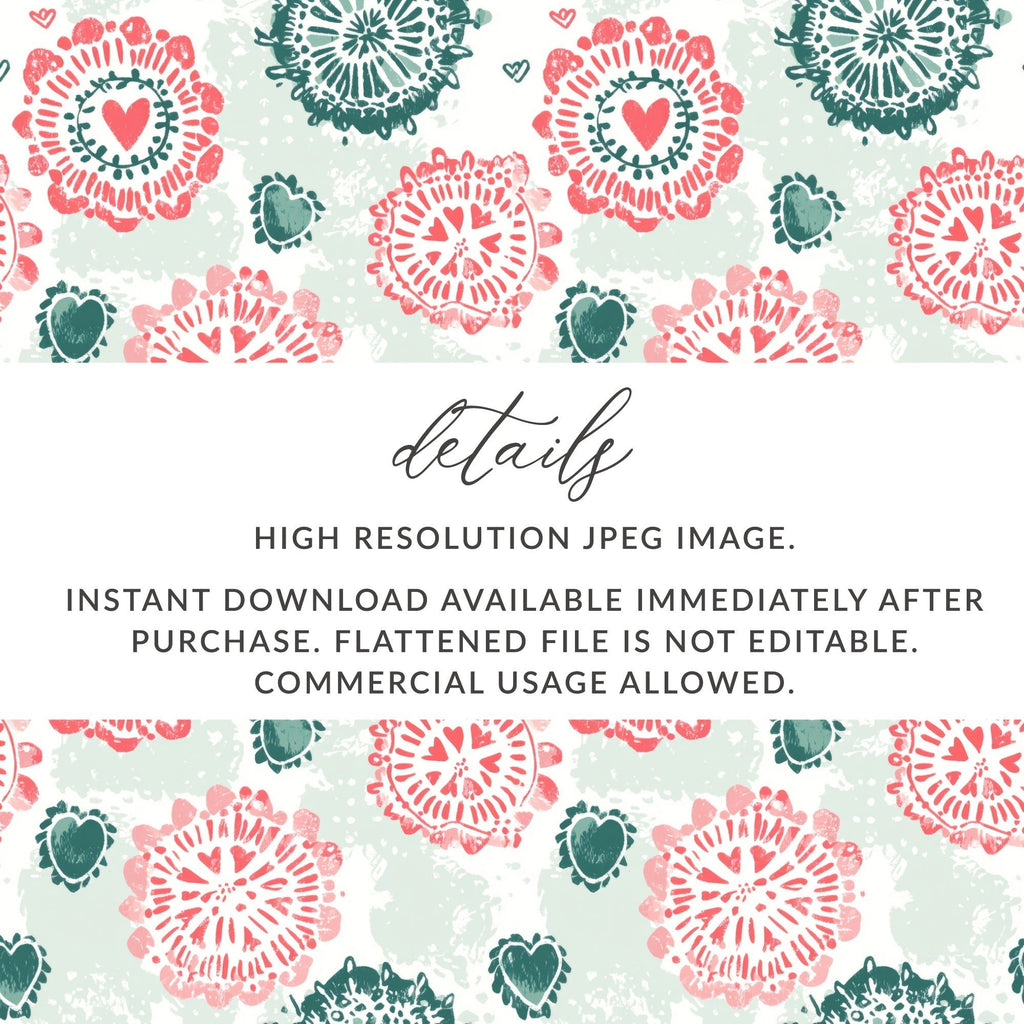Boho Heart Floral Pattern Digital Paper, Red Teal Flower Design, Abstract Spring Print, Seamless Scrapbook Paper Pack, Digital Download - Moore and Mountain