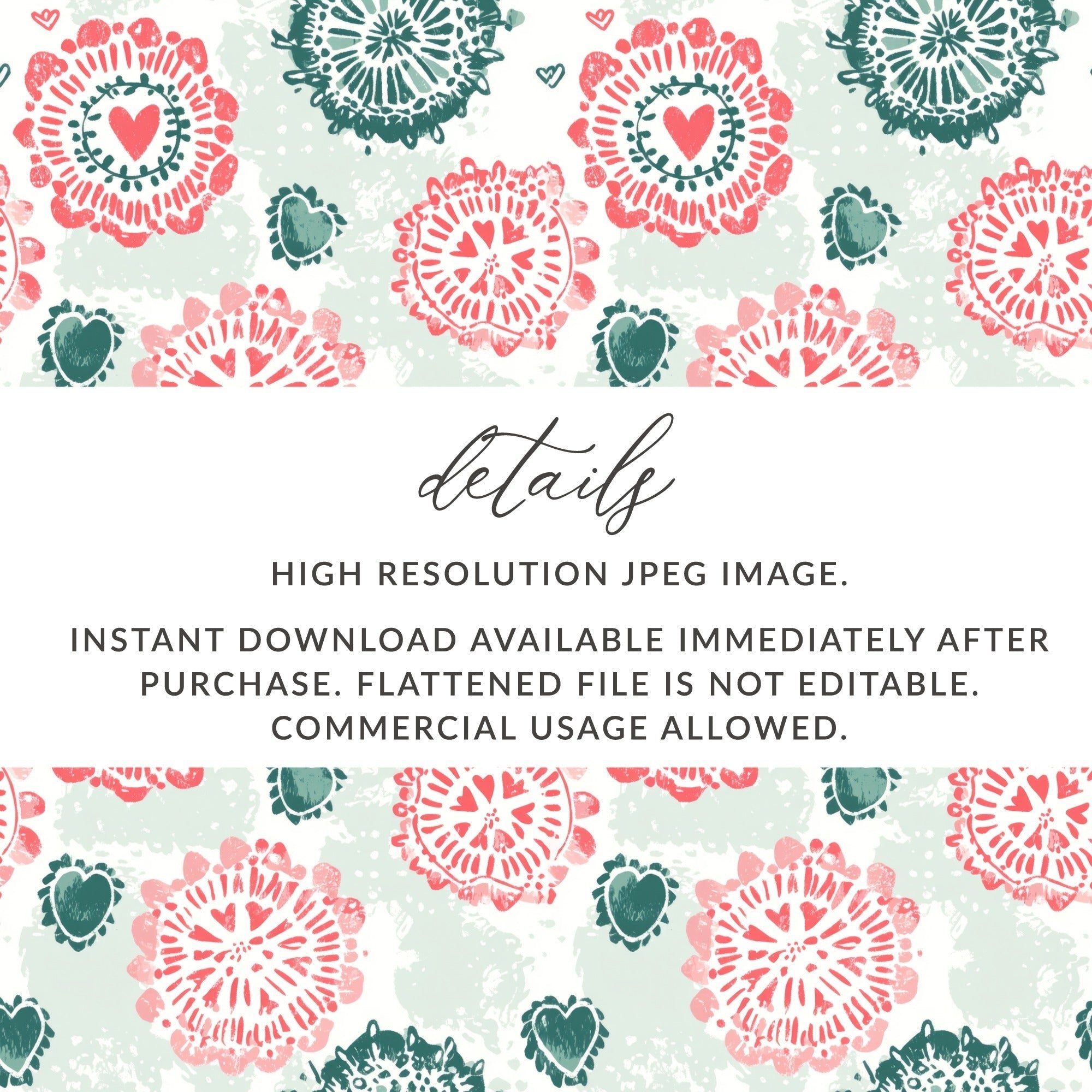 Boho Heart Floral Pattern Digital Paper, Red Teal Flower Design, Abstract Spring Print, Seamless Scrapbook Paper Pack, Digital Download - Moore and Mountain