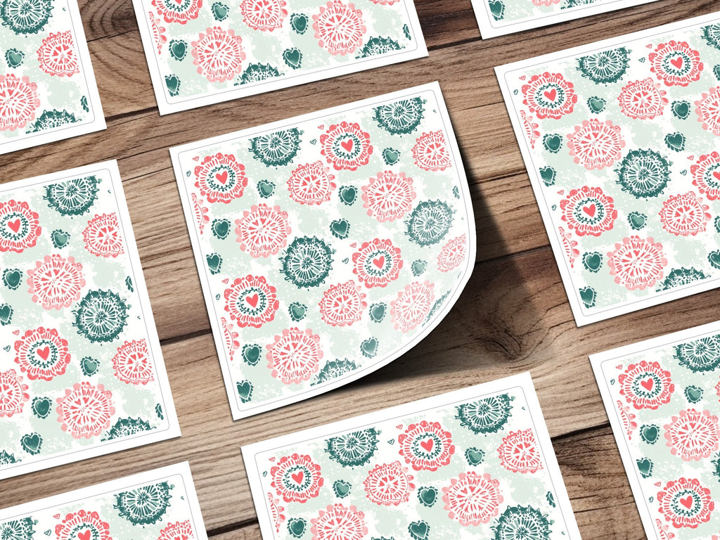 Boho Heart Floral Pattern Digital Paper, Red Teal Flower Design, Abstract Spring Print, Seamless Scrapbook Paper Pack, Digital Download - Moore and Mountain
