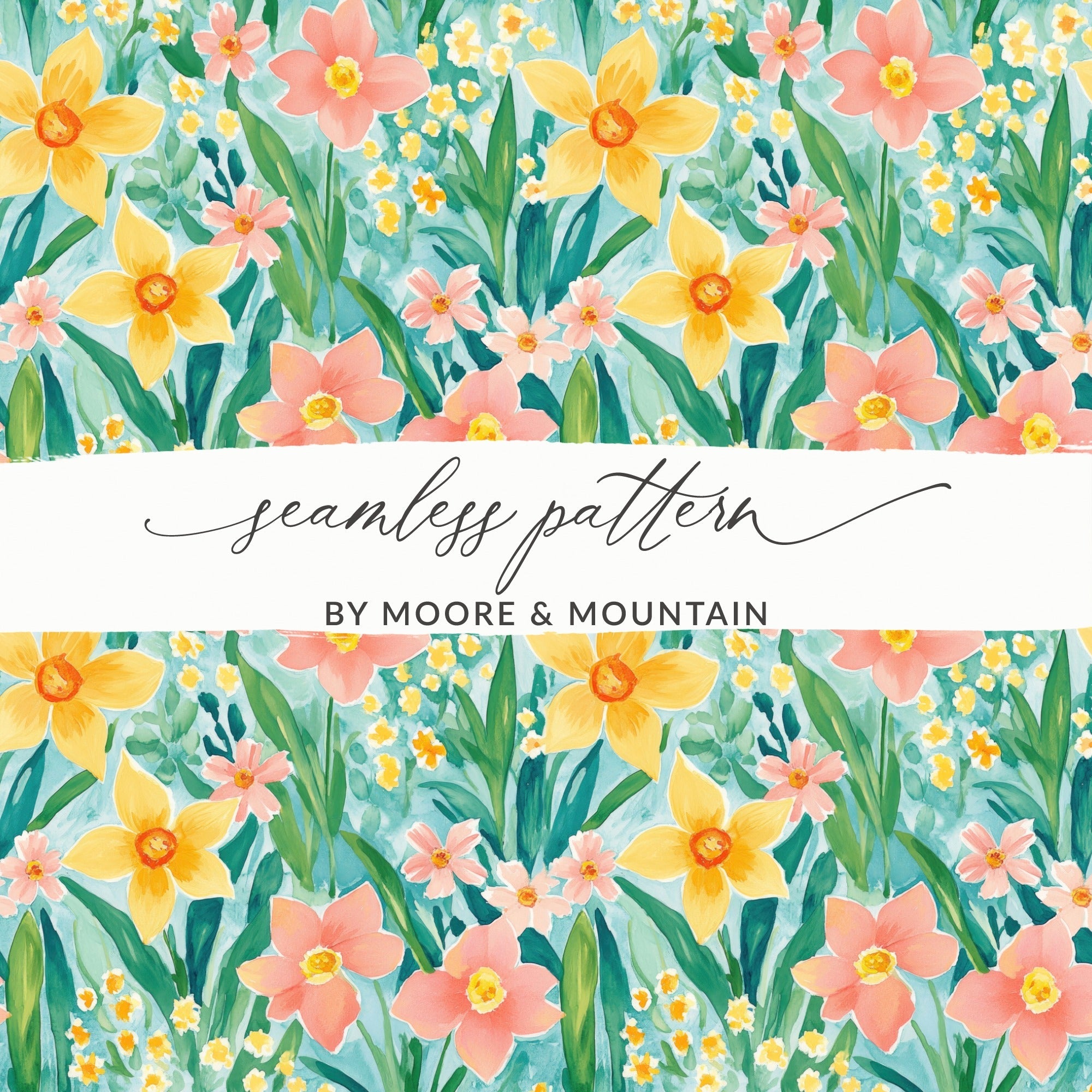 Daffodil Digital Pattern, Watercolor Floral, Seamless Pattern File, Spring Flowers, Digital Paper, Fabric Design, Pastel Colors - Moore and Mountain