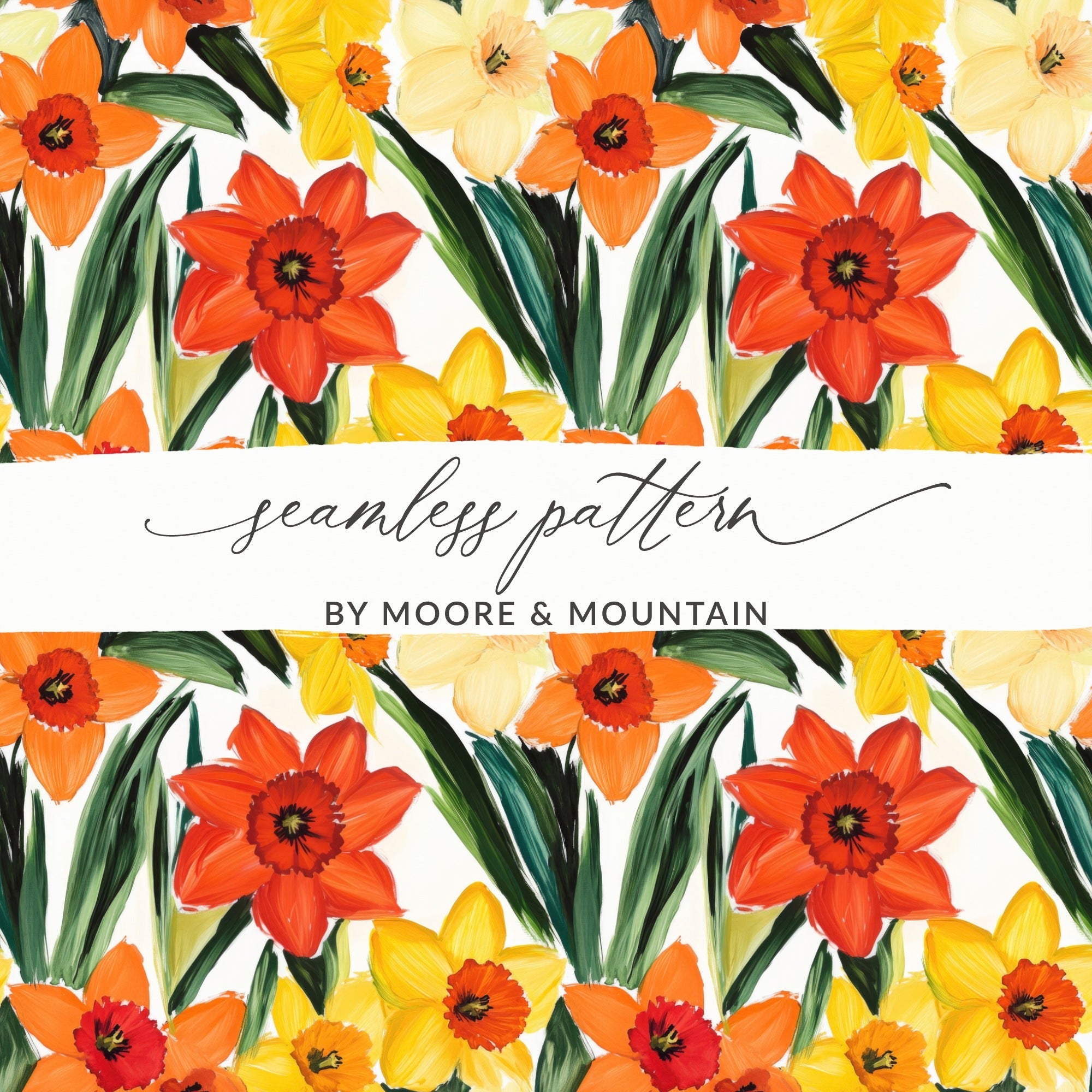 Daffodil Seamless Pattern Digital Paper, Floral Repeat Pattern, Spring Flower Pattern, Watercolor Texture, JPEG Files for Fabric Design - Moore and Mountain