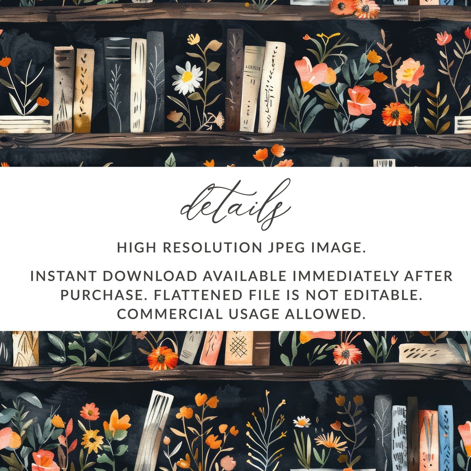 Dark Academy Floral BookShelf Black Background Pattern - Moore and Mountain