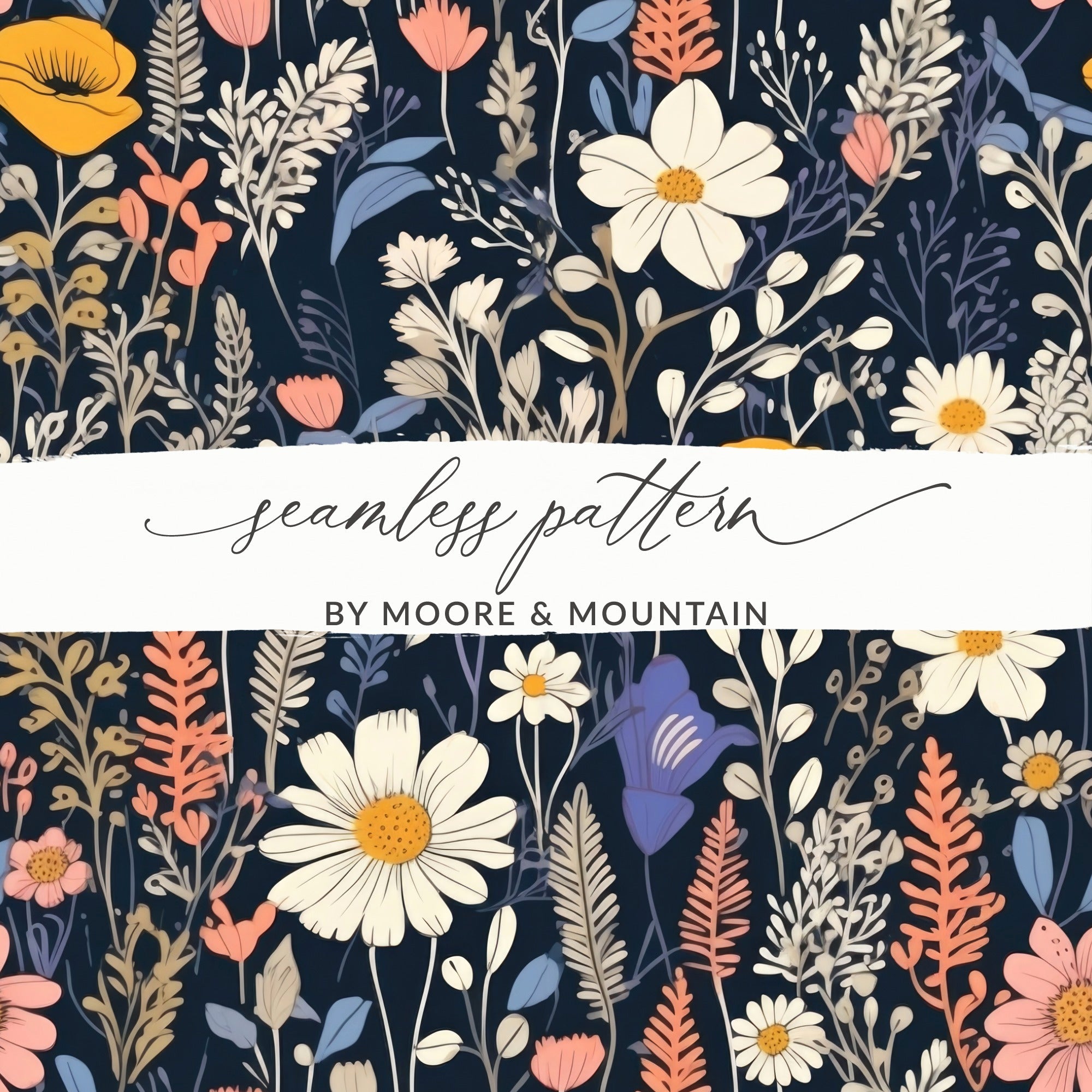 Dark Black Colorful Floral Pattern Spring Summer Boho Watercolor Digital - Moore and Mountain