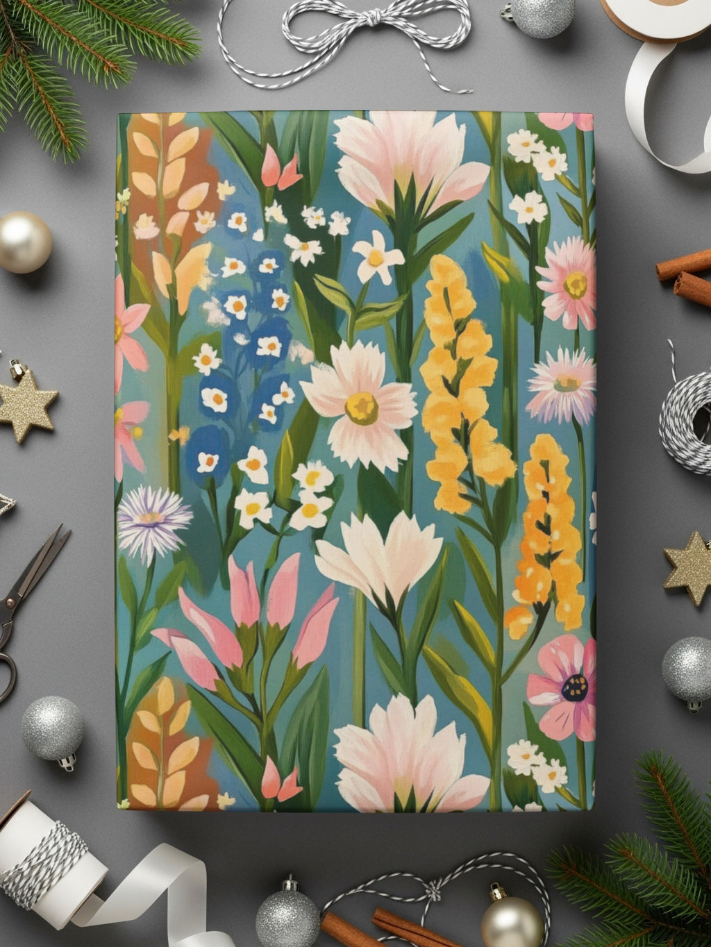 Floral Gift Wrap with Colorful Blooming Flowers Design