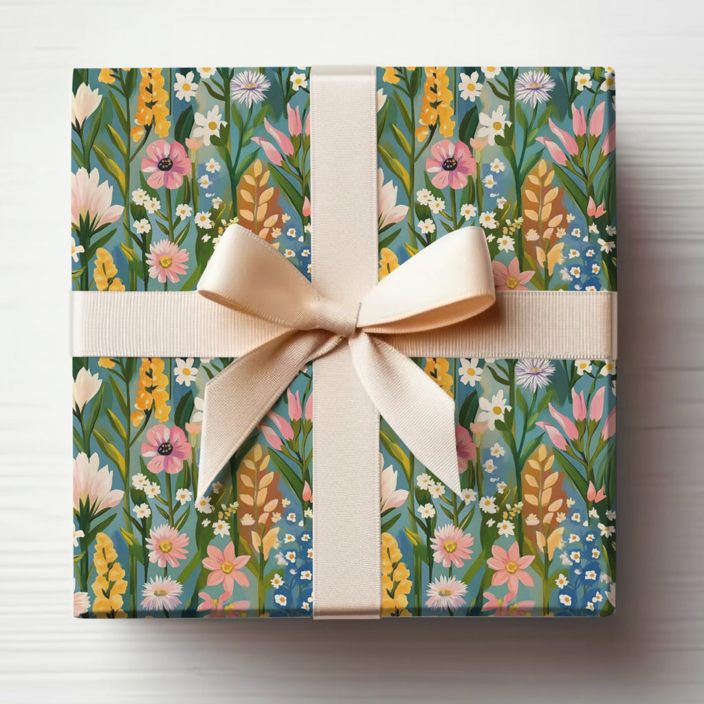 Vibrant Floral Pattern Gift Wrap with Cream Ribbon