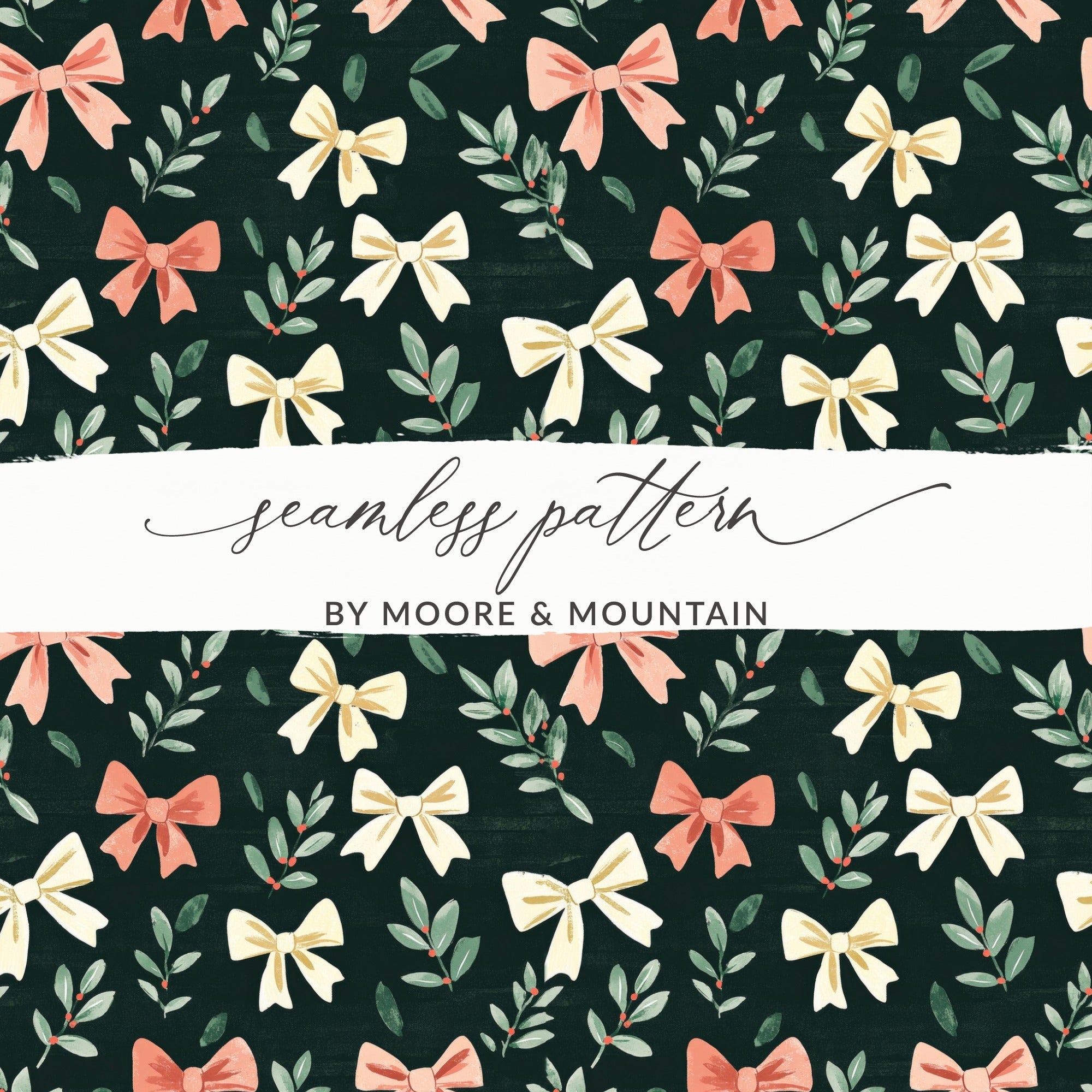 Dark Coquette Winter Bows On Green Background Digital - Moore and Mountain