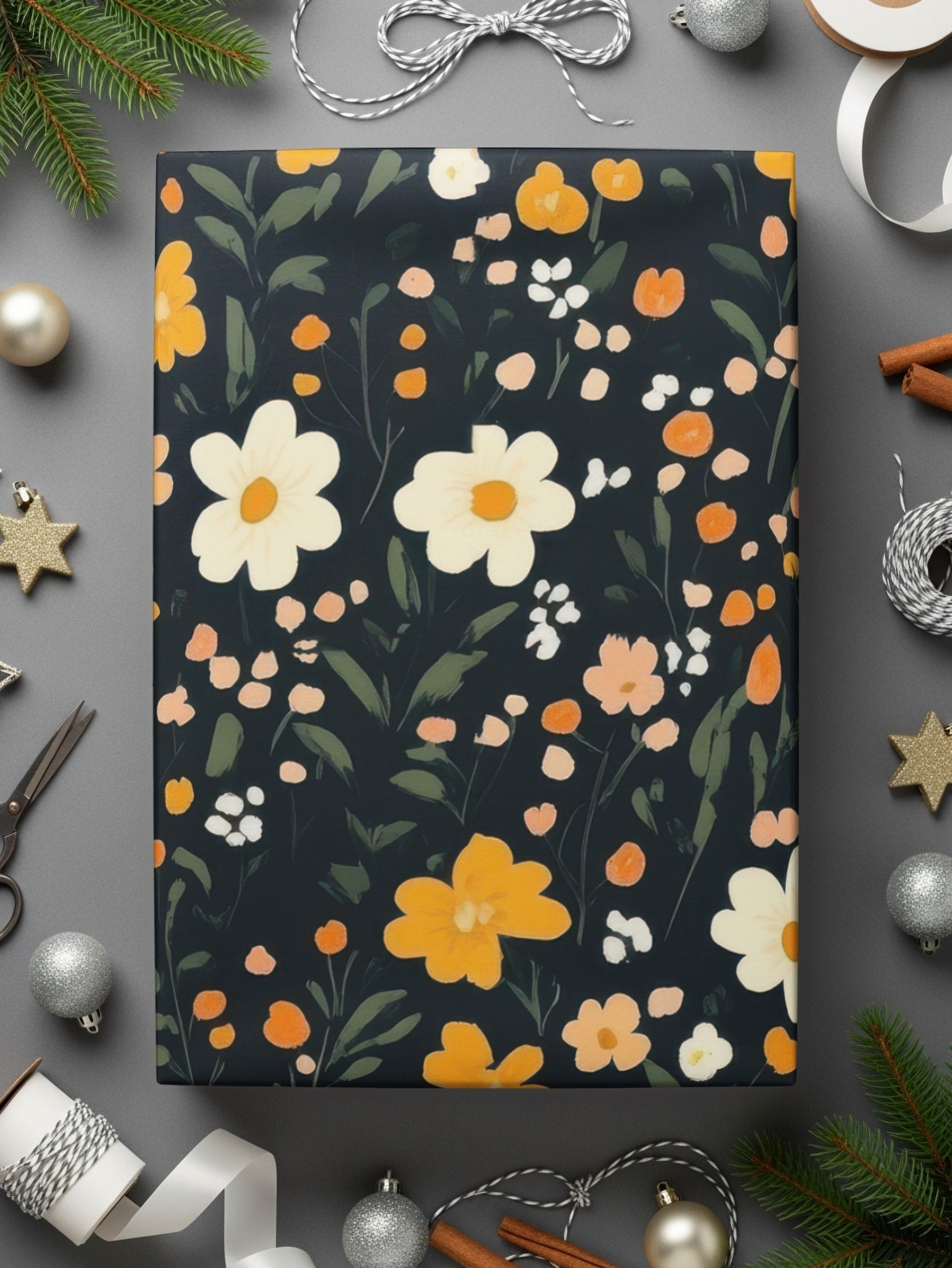 Floral Patterned Gift Wrap with Dark Background