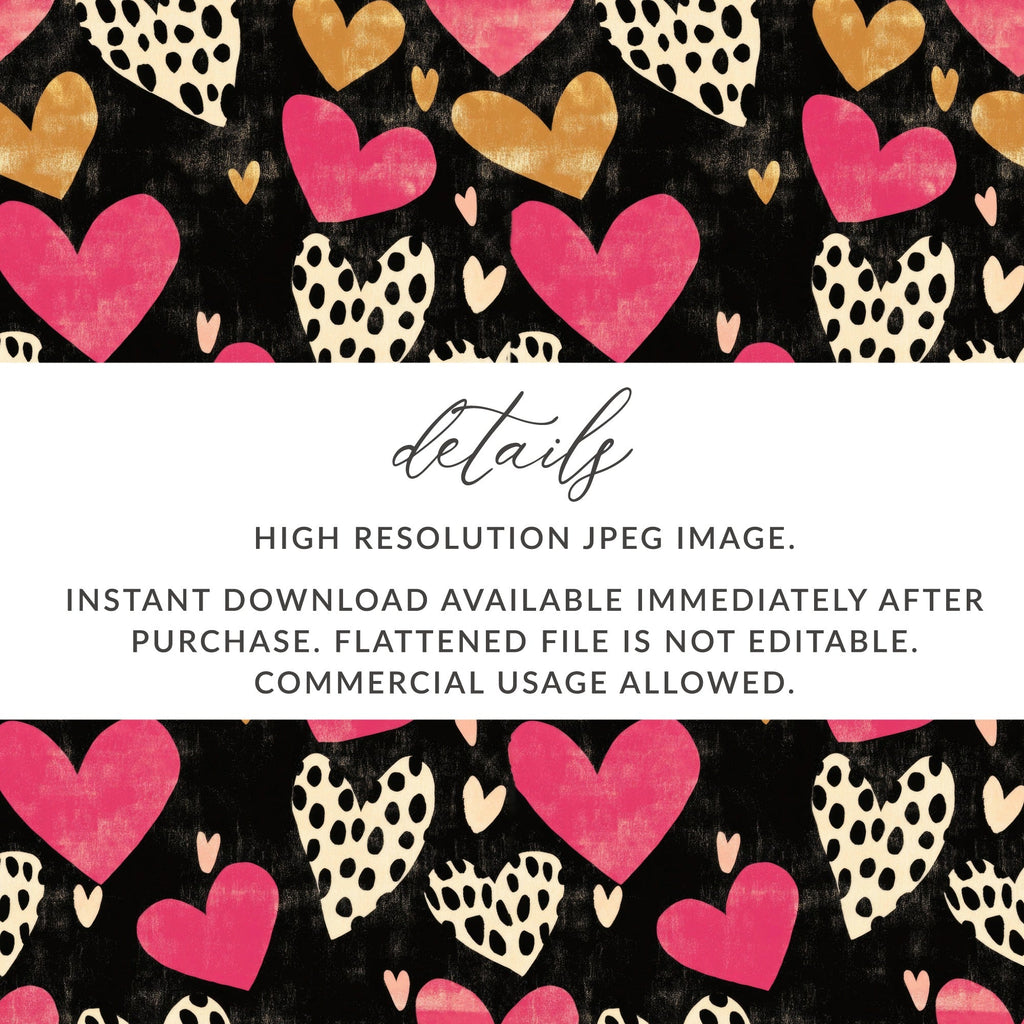 Dark Hearts Digital Paper, Pink and Gold Hearts Pattern, Spotted Heart Art, Seamless Black Background, Digital Valentine's Day Texture - Moore and Mountain