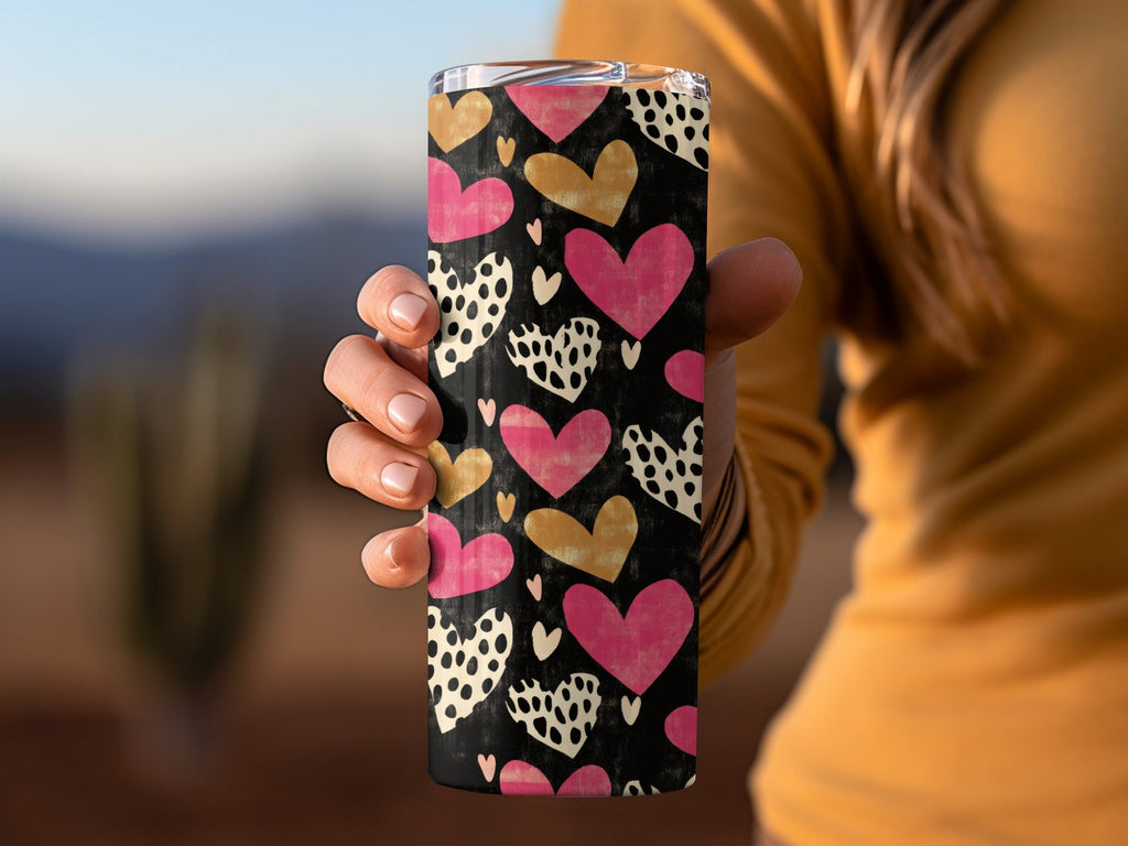 Dark Hearts Digital Paper, Pink and Gold Hearts Pattern, Spotted Heart Art, Seamless Black Background, Digital Valentine's Day Texture - Moore and Mountain
