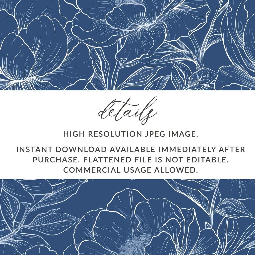 Dark Navy Blue Line Art Peony Floral Seamless Pattern, Flower Digital Paper, Botanical Background, Fabric Design, Scrapbooking Paper - Moore and Mountain