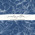 Dark Navy Blue Line Art Peony Floral Seamless Pattern, Flower Digital Paper, Botanical Background, Fabric Design, Scrapbooking Paper - Moore and Mountain