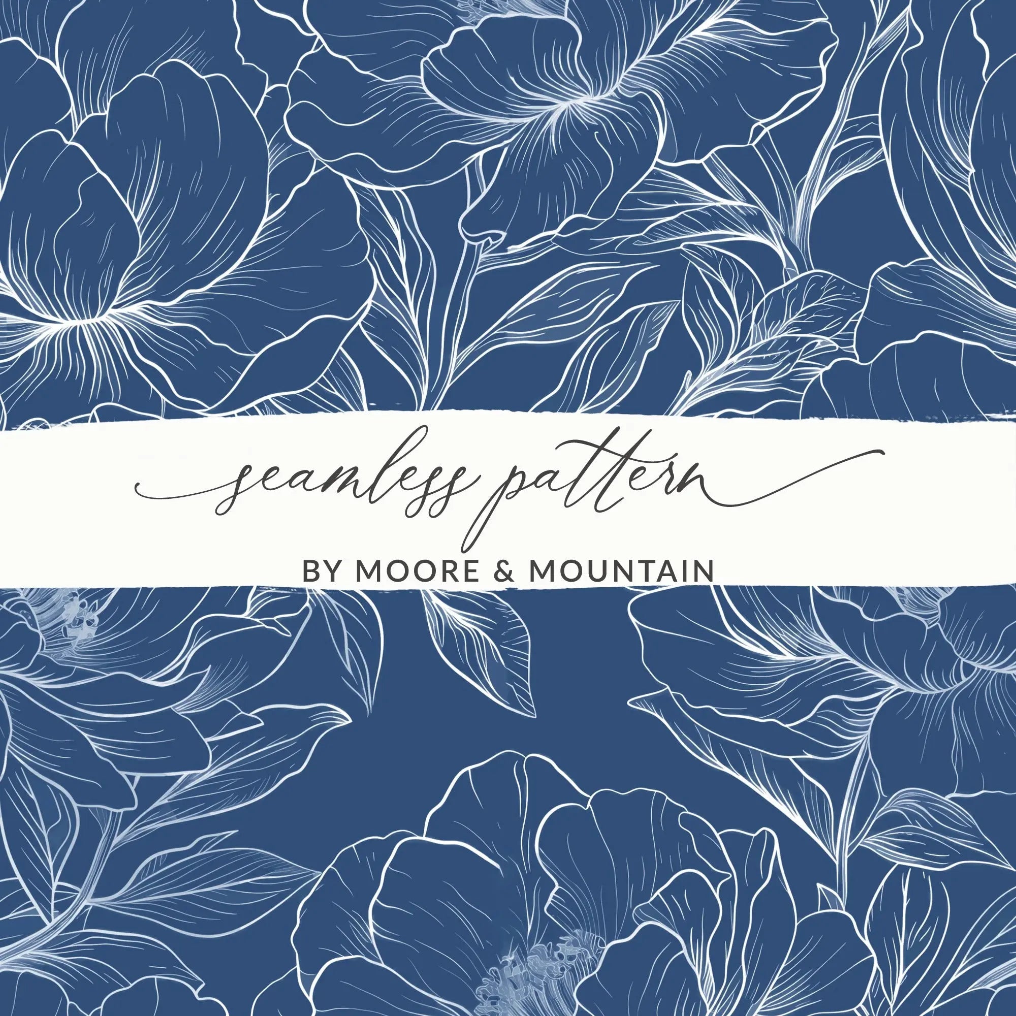 Dark Navy Blue Line Art Peony Floral Seamless Pattern, Flower Digital Paper, Botanical Background, Fabric Design, Scrapbooking Paper - Moore and Mountain