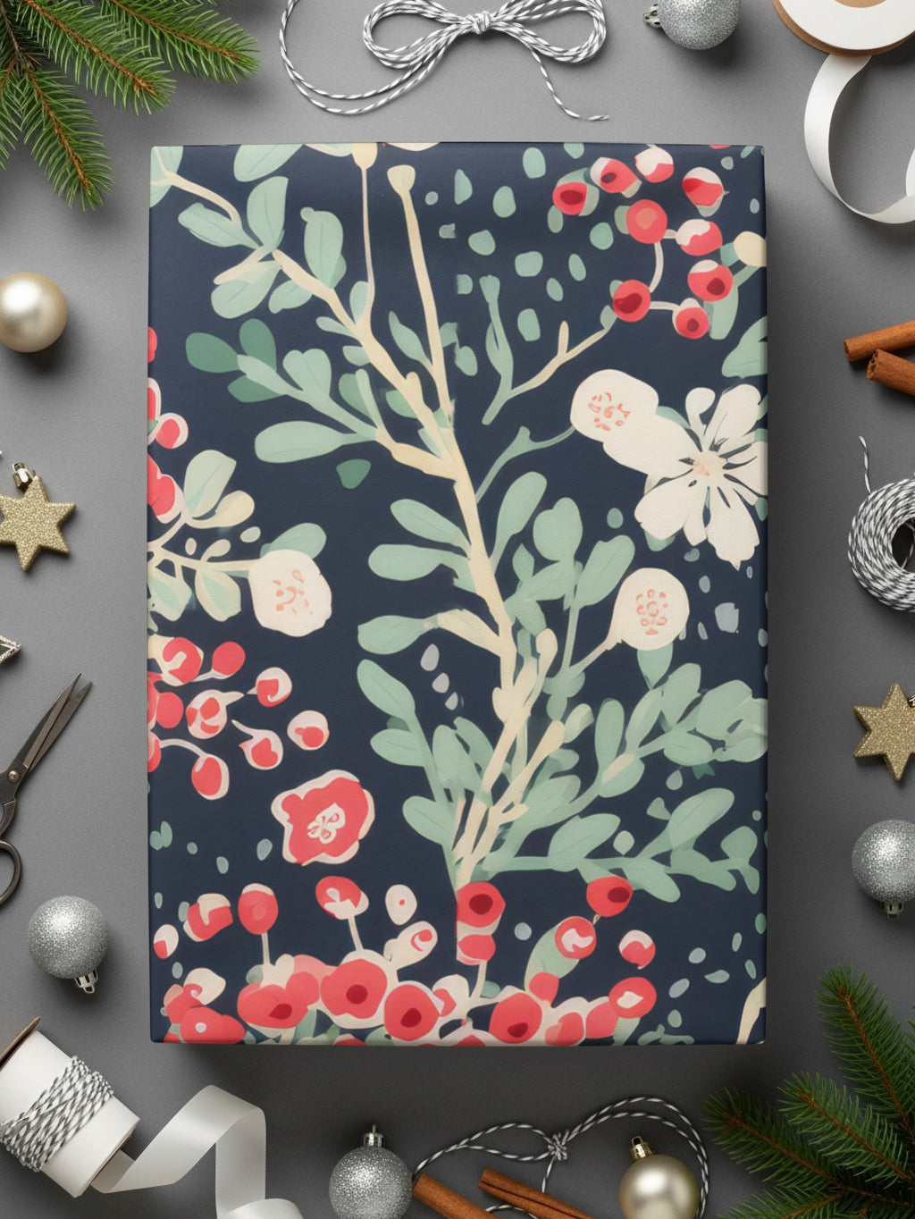 Festive Holiday Floral Pattern Wrapping Paper
