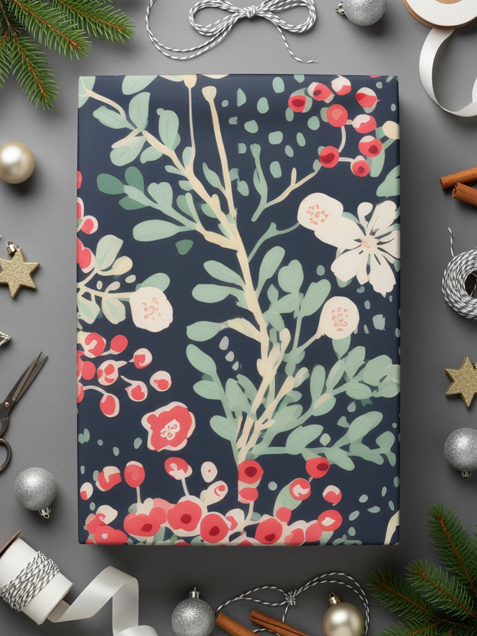 Festive Holiday Floral Pattern Wrapping Paper