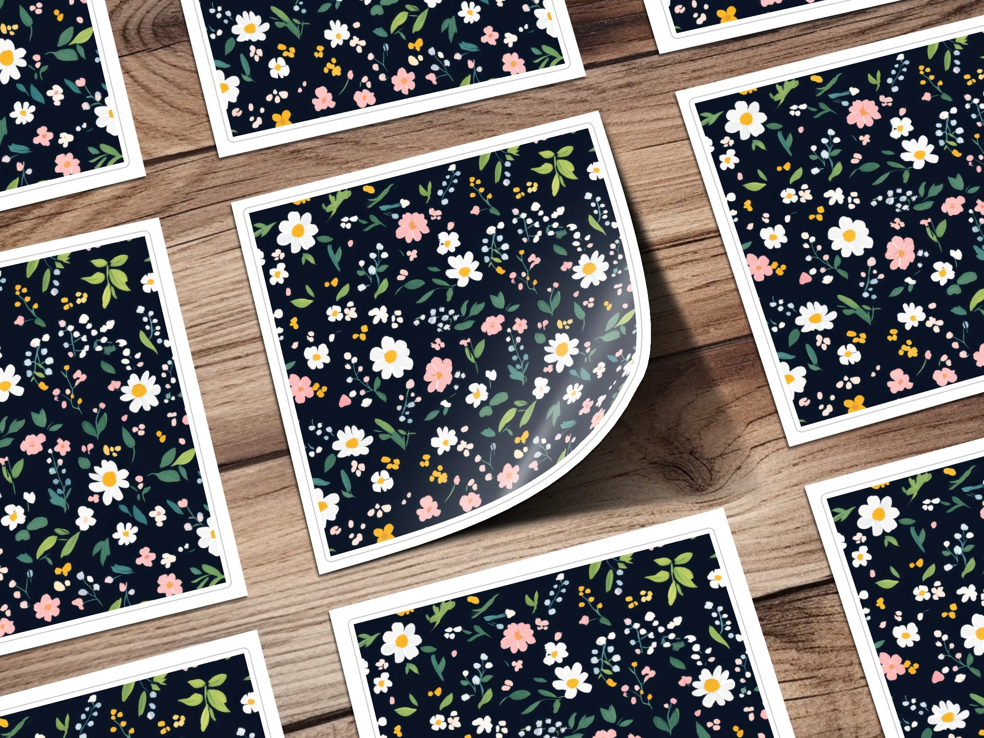 Vibrant Floral Pattern Stickers on Wooden Surface