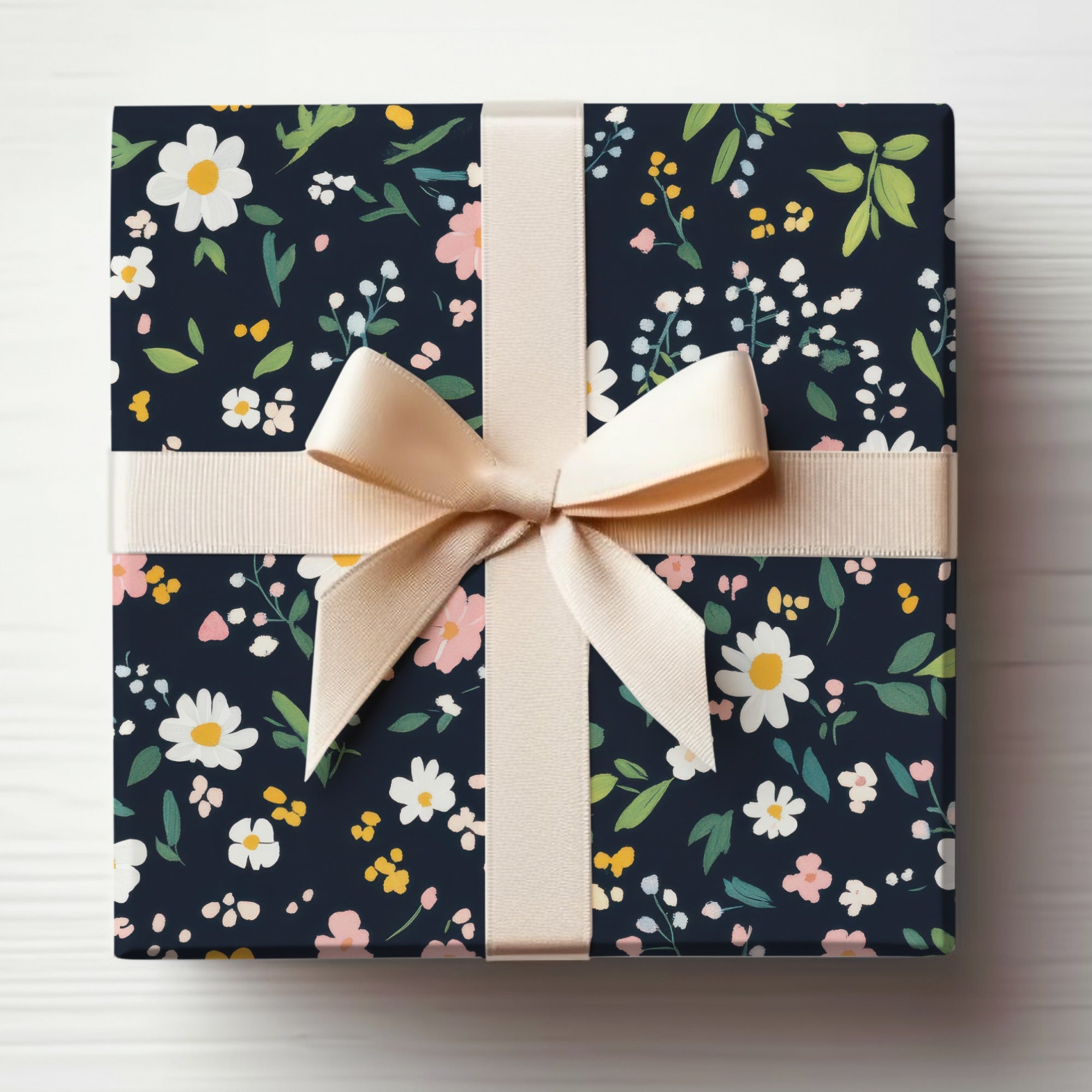 Floral Dark Blue Gift Wrap with Cream Ribbon Decor