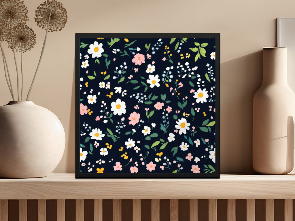 Vibrant Floral Pattern on Black Background Art Print
