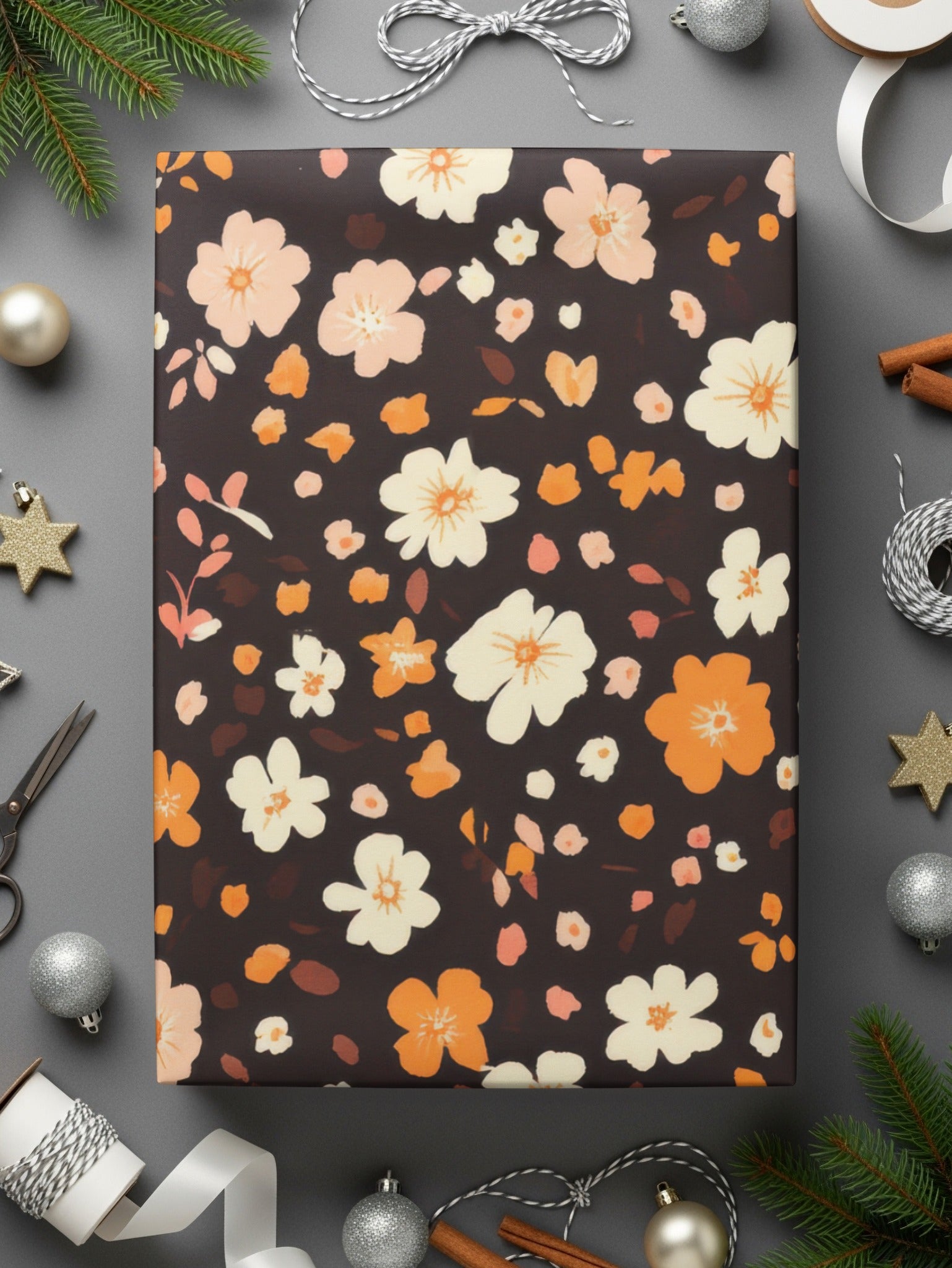 Festive Floral Printed Brown Wrapping Paper for Gifts