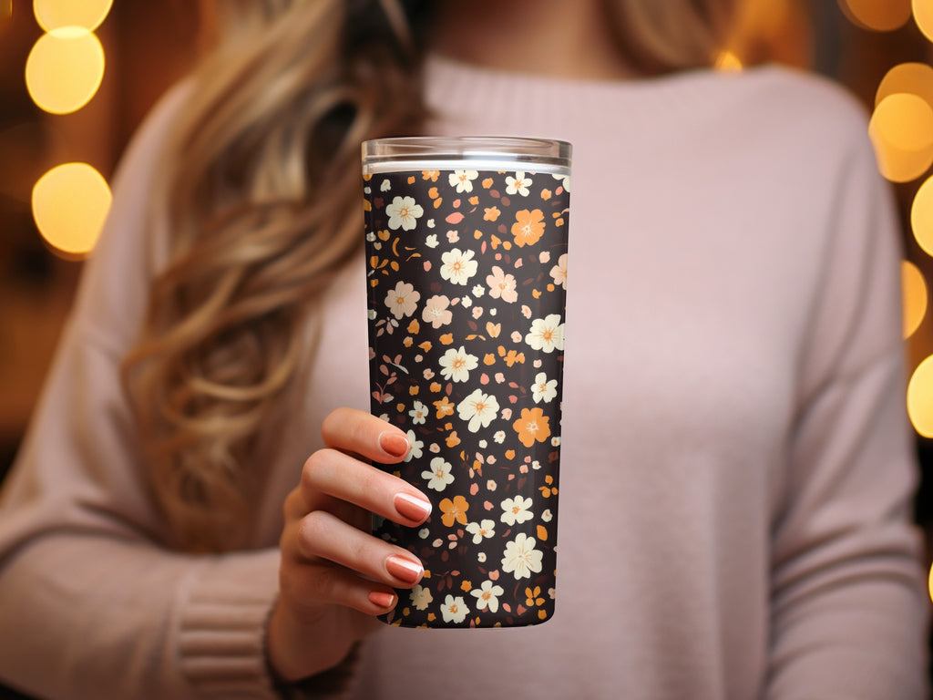 Floral Design Travel Mug with Fall Themed Pattern