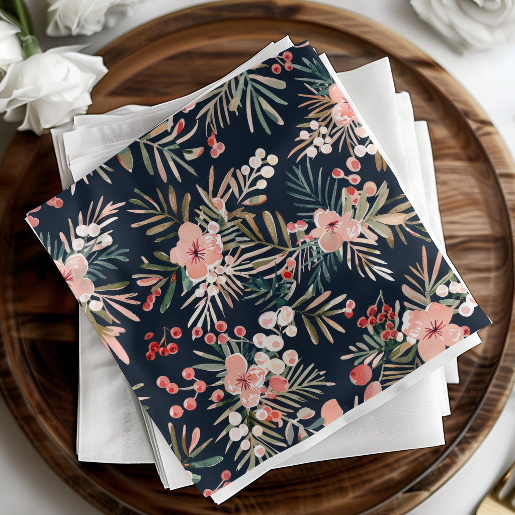 Dark Watercolor Floral Pattern Digital Paper, Winter Foliage Seamless Pattern, Boho Pink Winter Flowers JPEG - Moore and Mountain