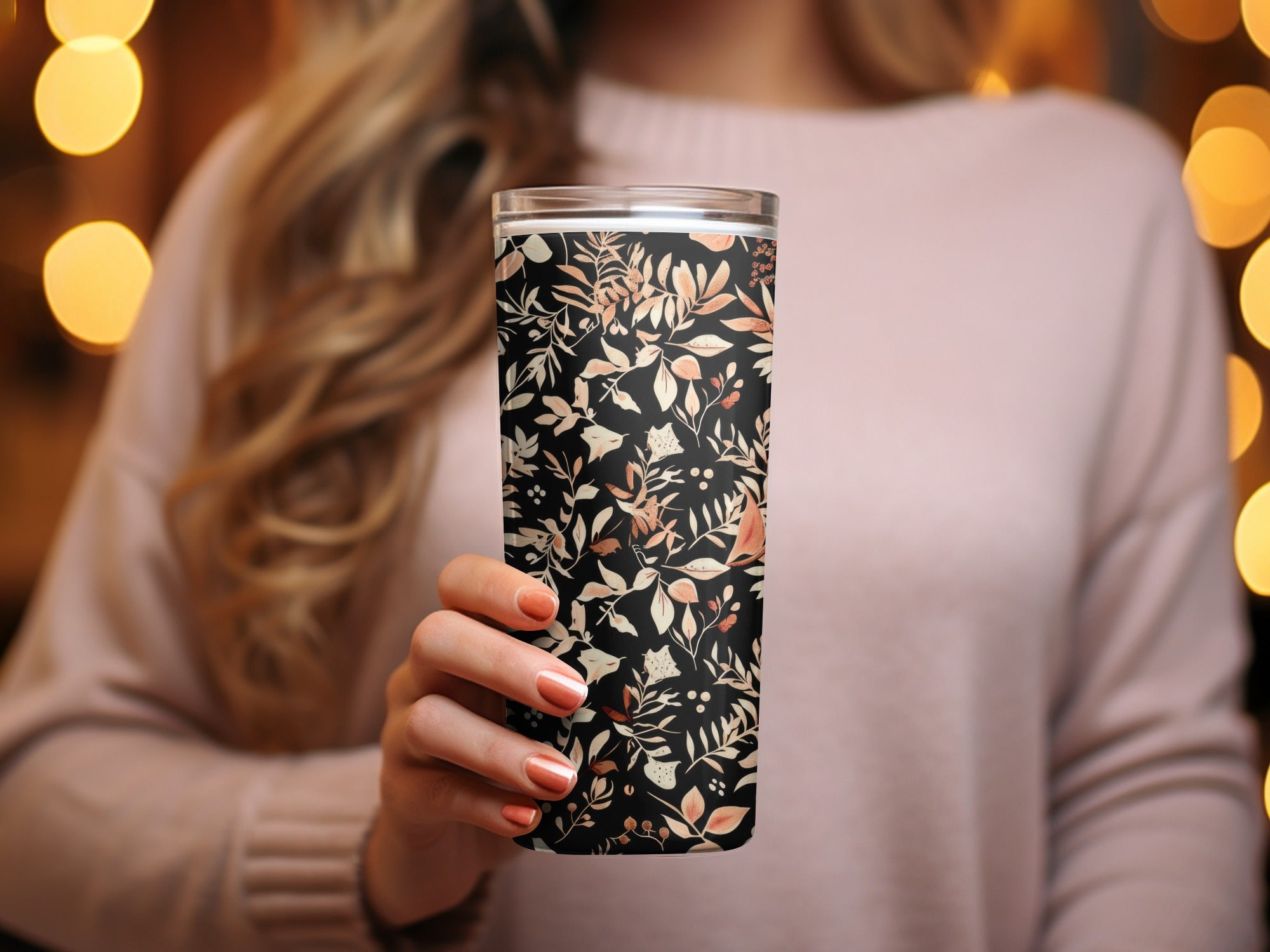 Floral Patterned Travel Tumbler with Leaf Accents