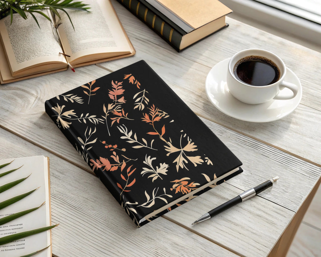 Elegant Black Notebook with Autumn Leaves Design