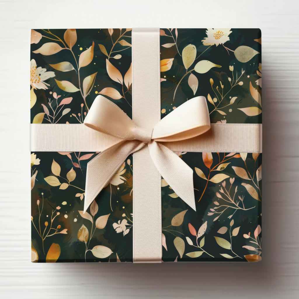 Elegant Floral Black Gift Wrapping Paper with Ribbon