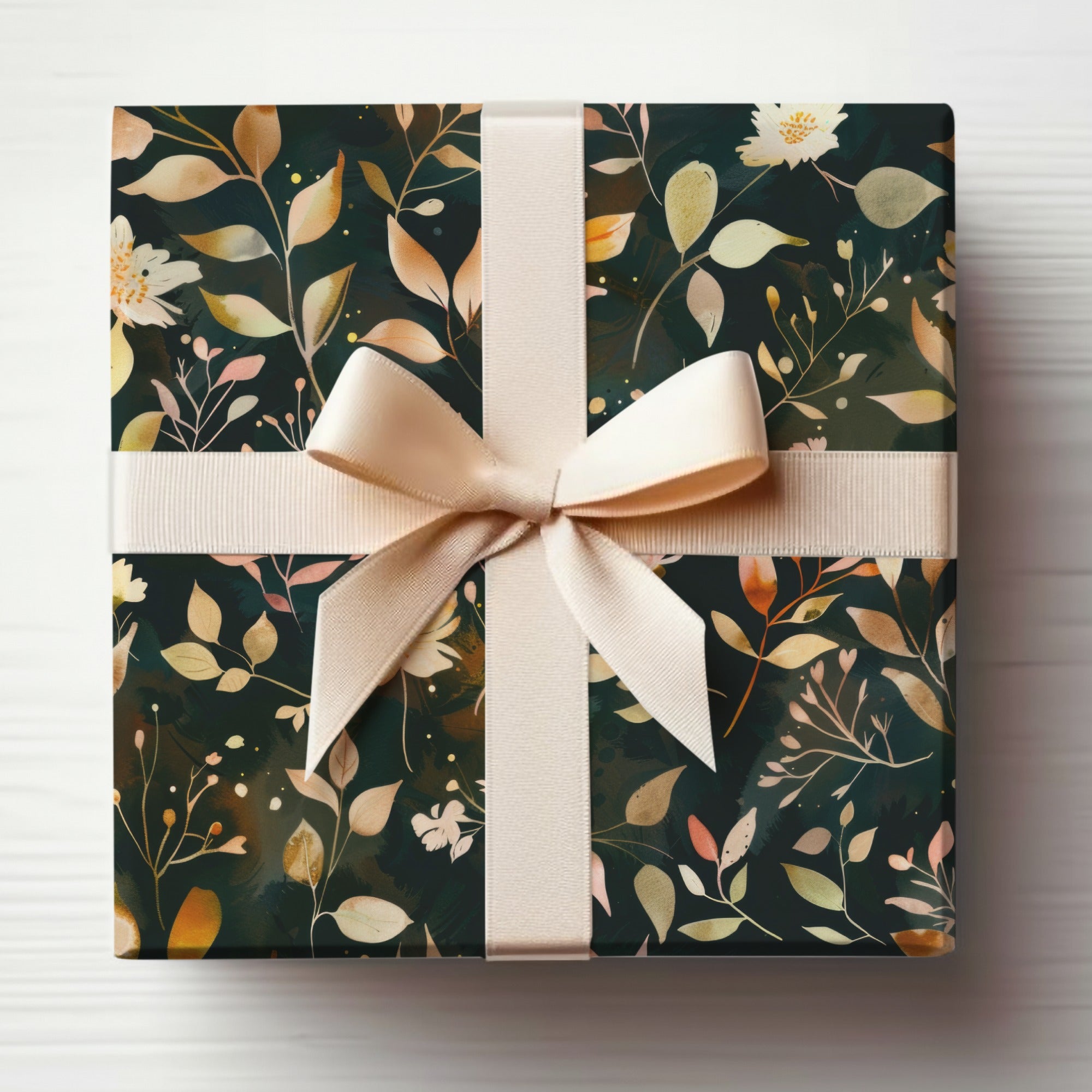 Elegant Floral Black Gift Wrapping Paper with Ribbon